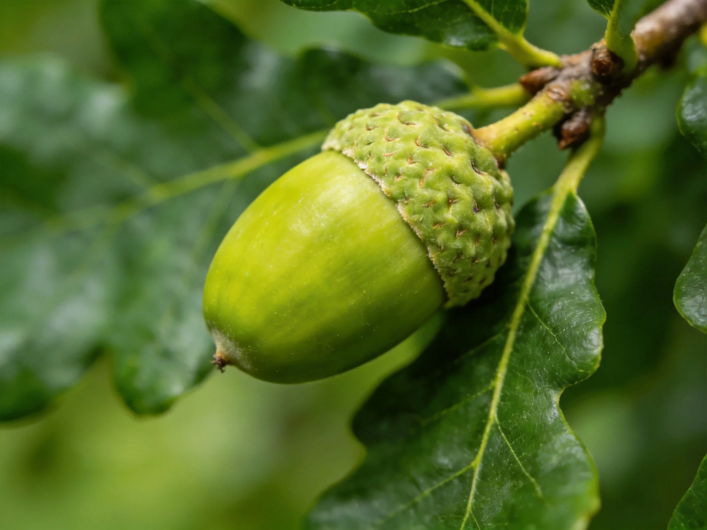 A green acorn hangs from a branch with textured oak leaves
