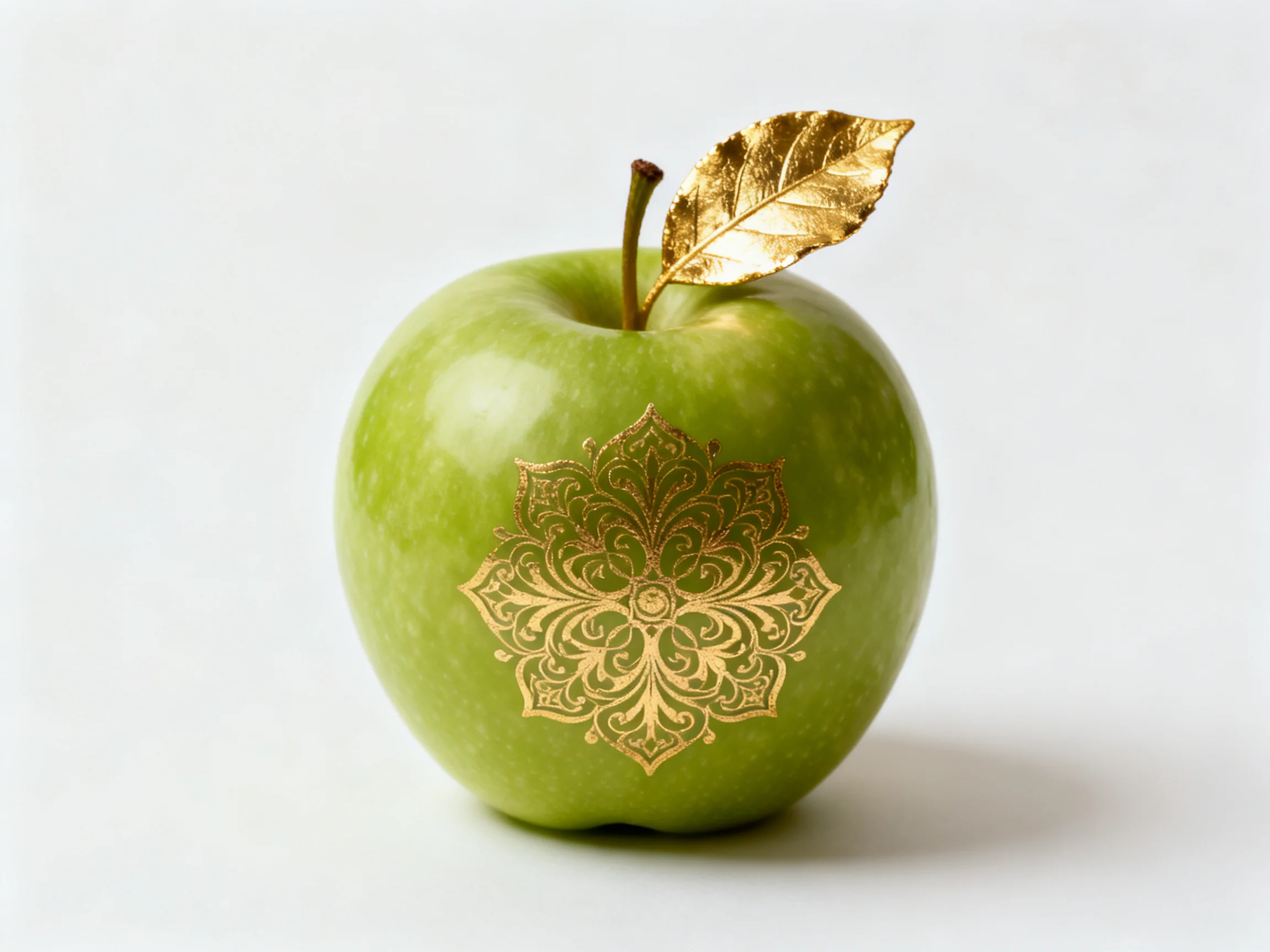 A green apple decorated with gold patterns and a golden leaf
