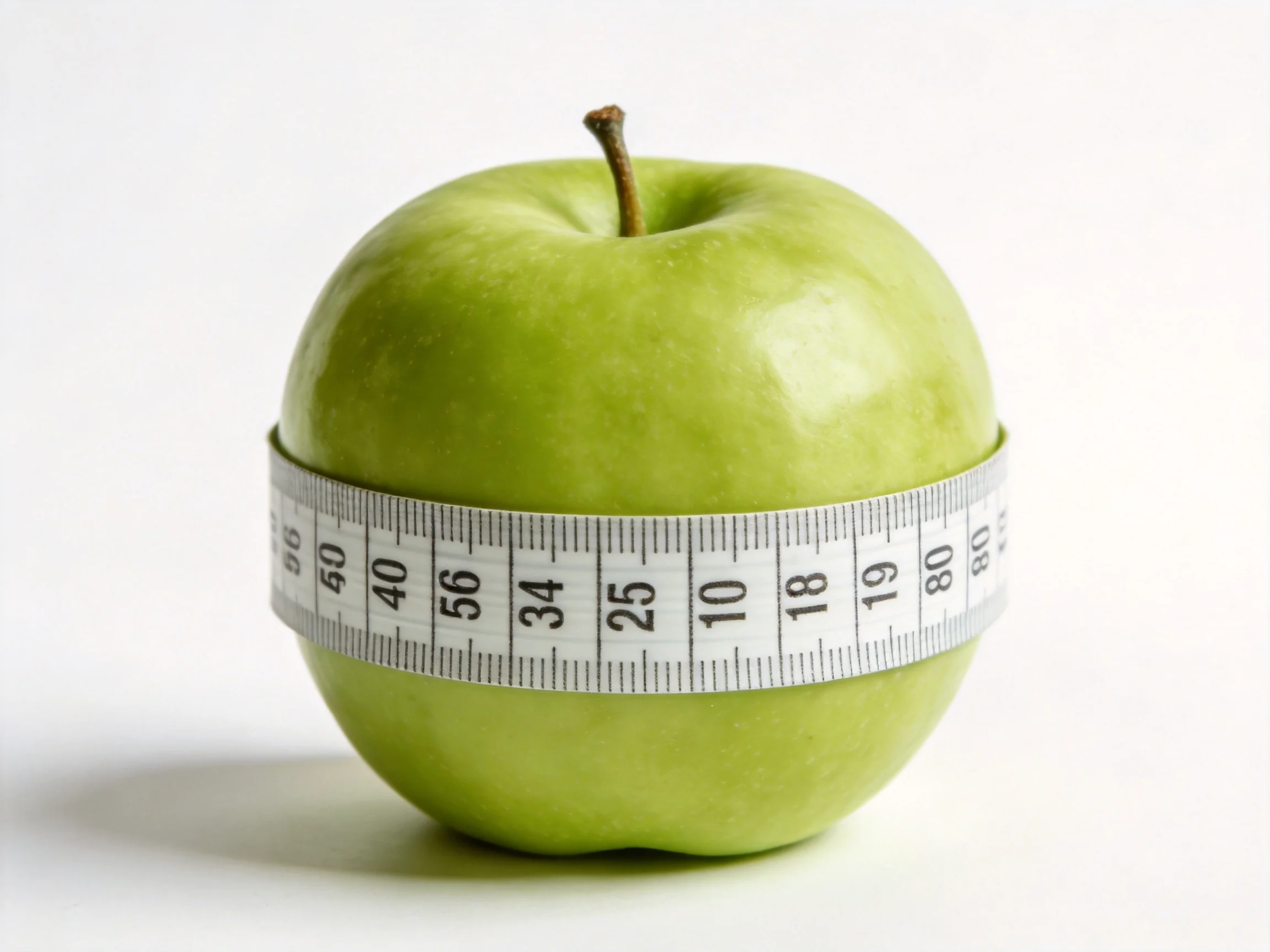 A green apple measured with a white tape on a plain surface