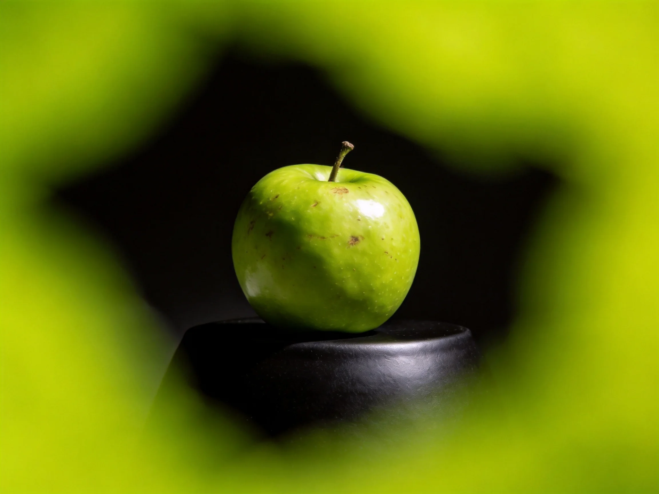 A green apple rests on a black pedestal, framed by blurred green shapes