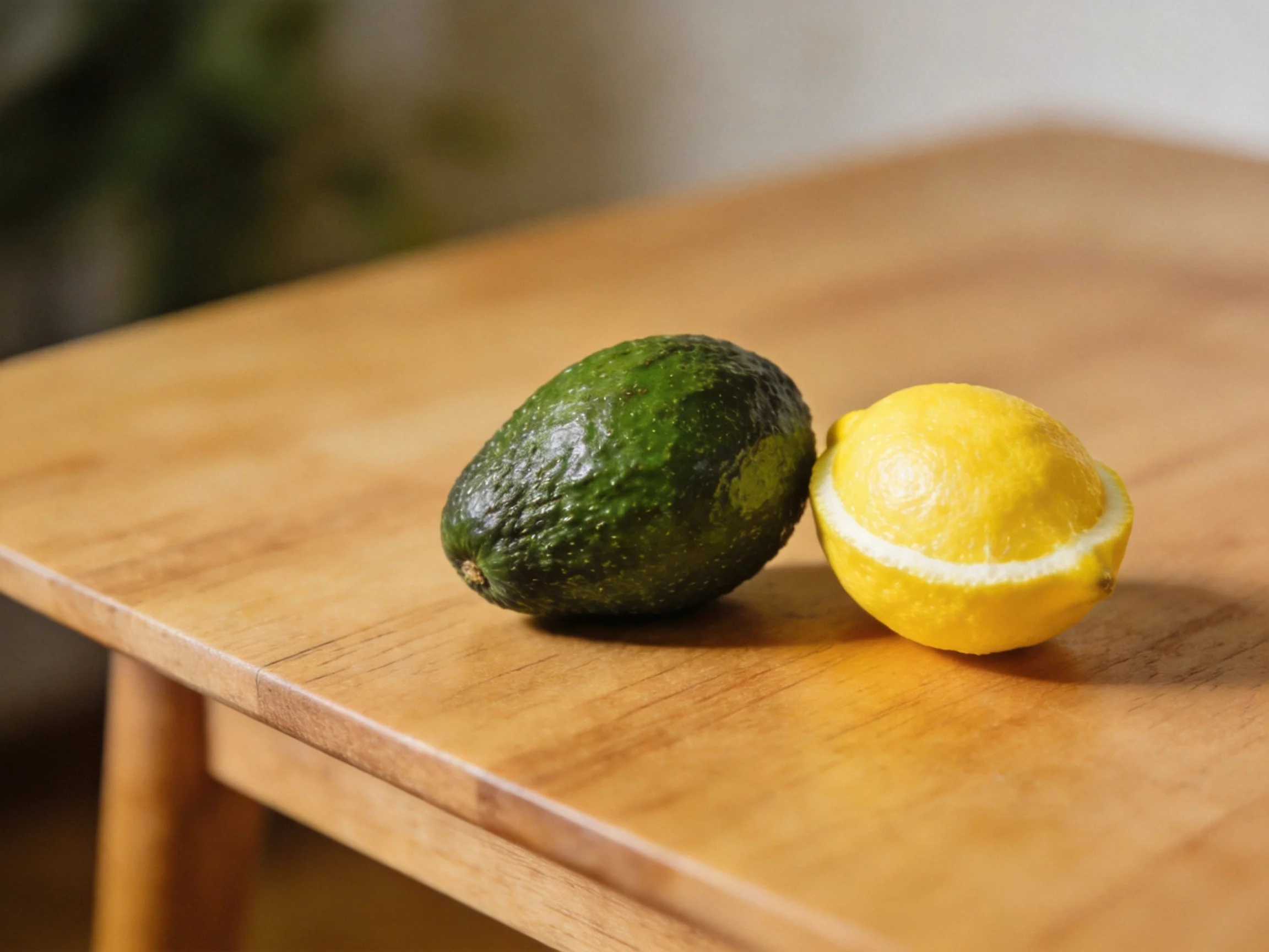 A green avocado and yellow lemon rest on a polished wooden table