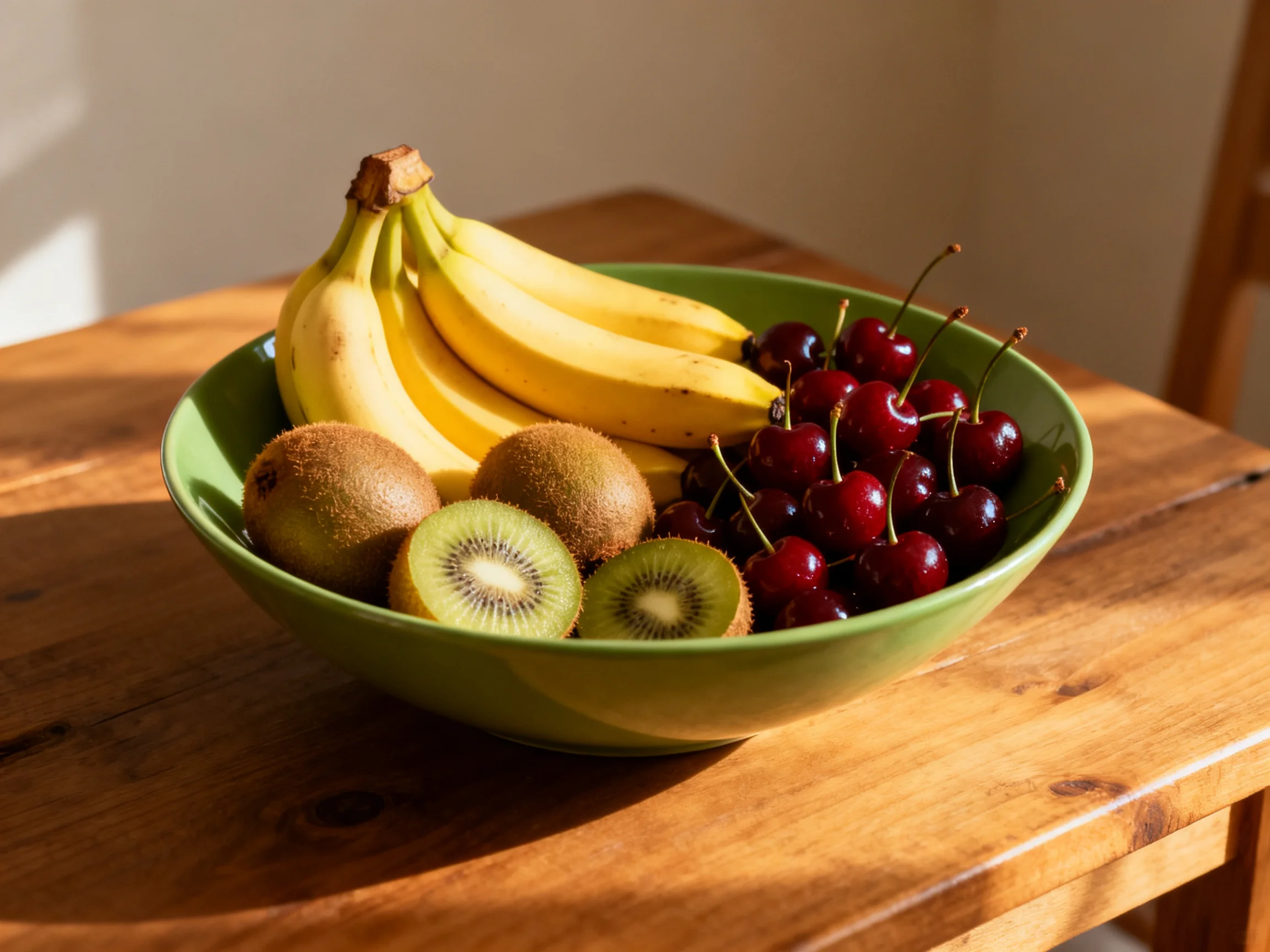 A green bowl holds bananas, kiwis, and cherries on a wooden table