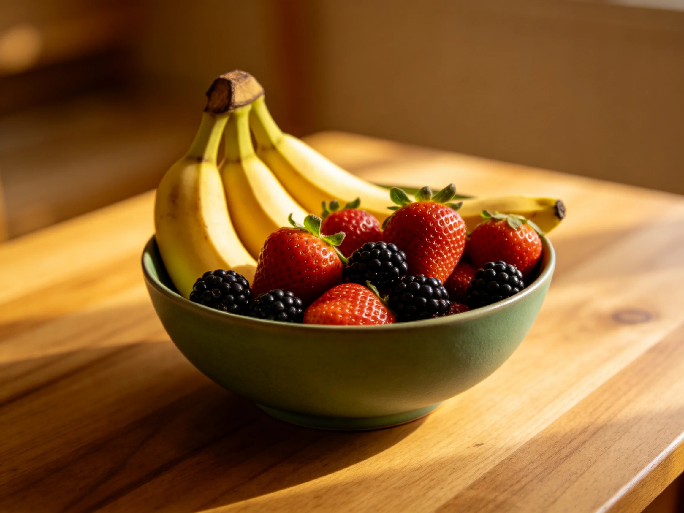 A green bowl holds bananas, strawberries, and blackberries on a wooden table