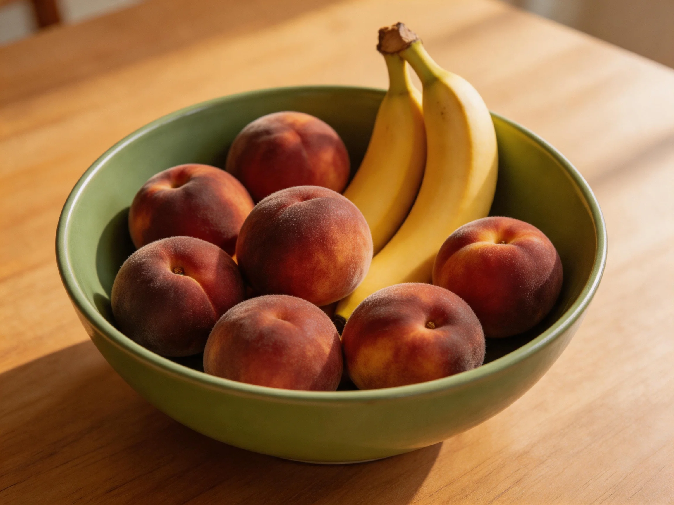 A green bowl with seven peaches and two bananas under warm sunlight