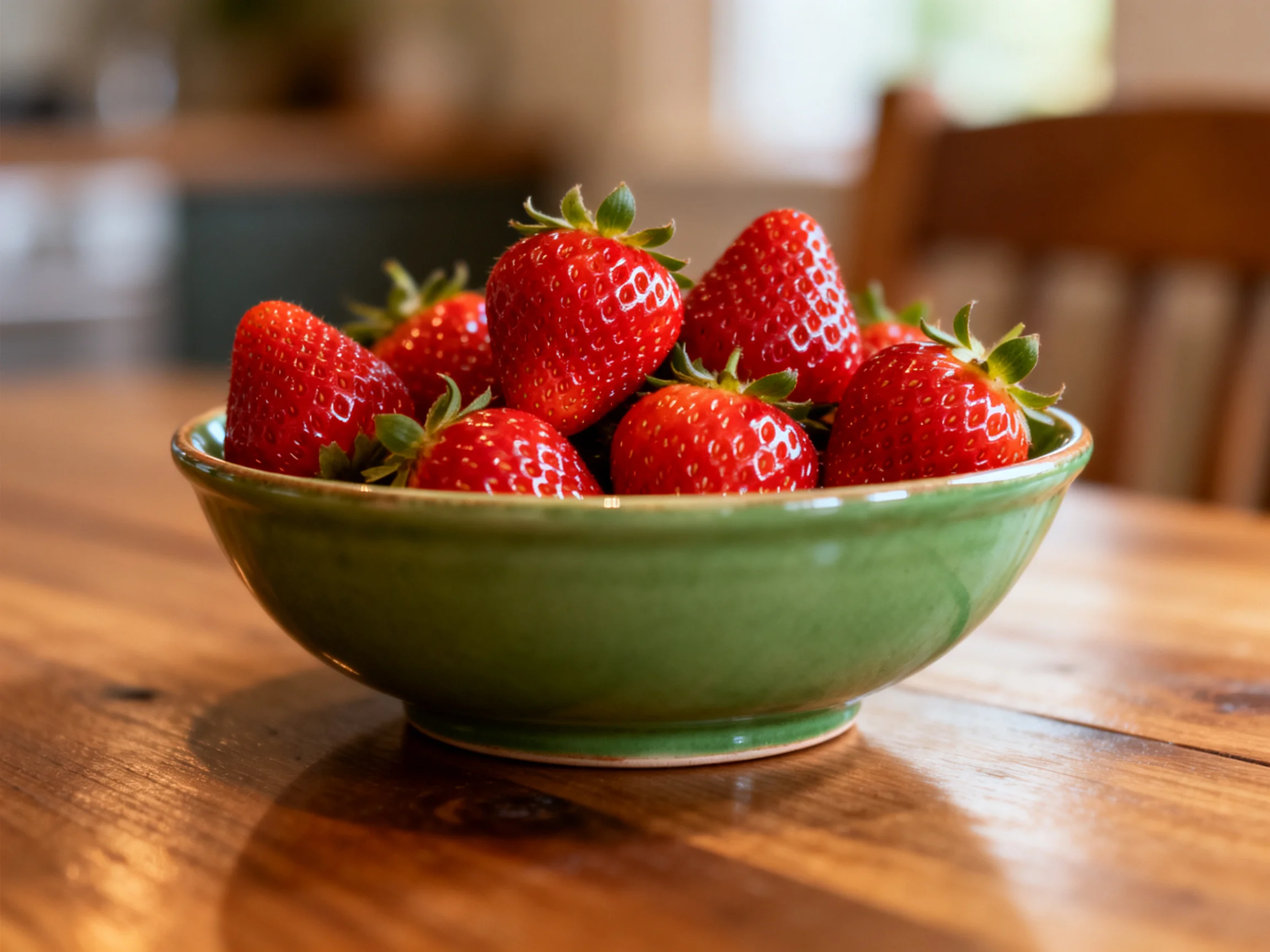 A green ceramic bowl overflowing with plump red strawberries sits on a wooden table.