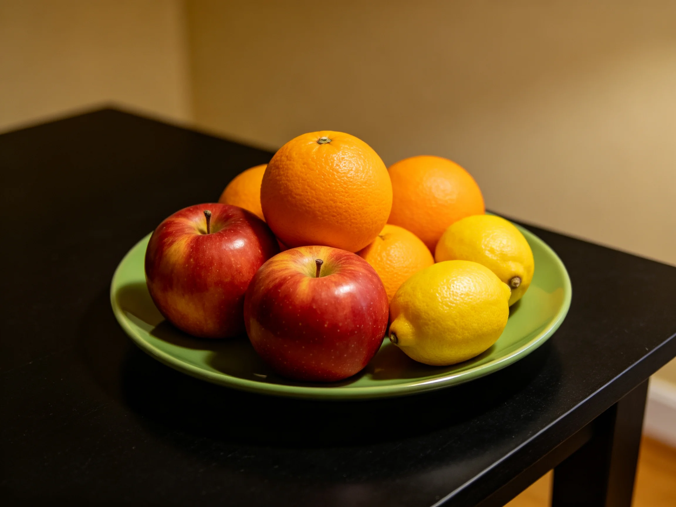 A green plate holds red apples, oranges, and lemons on a dark table