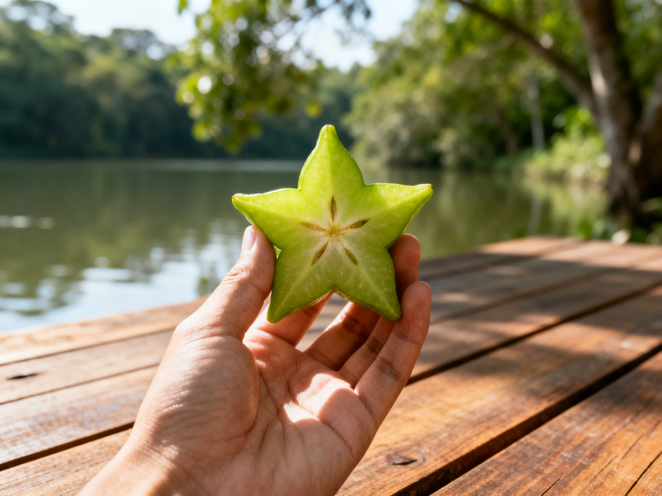 A green star - shaped carambola held over a wooden dock by a river