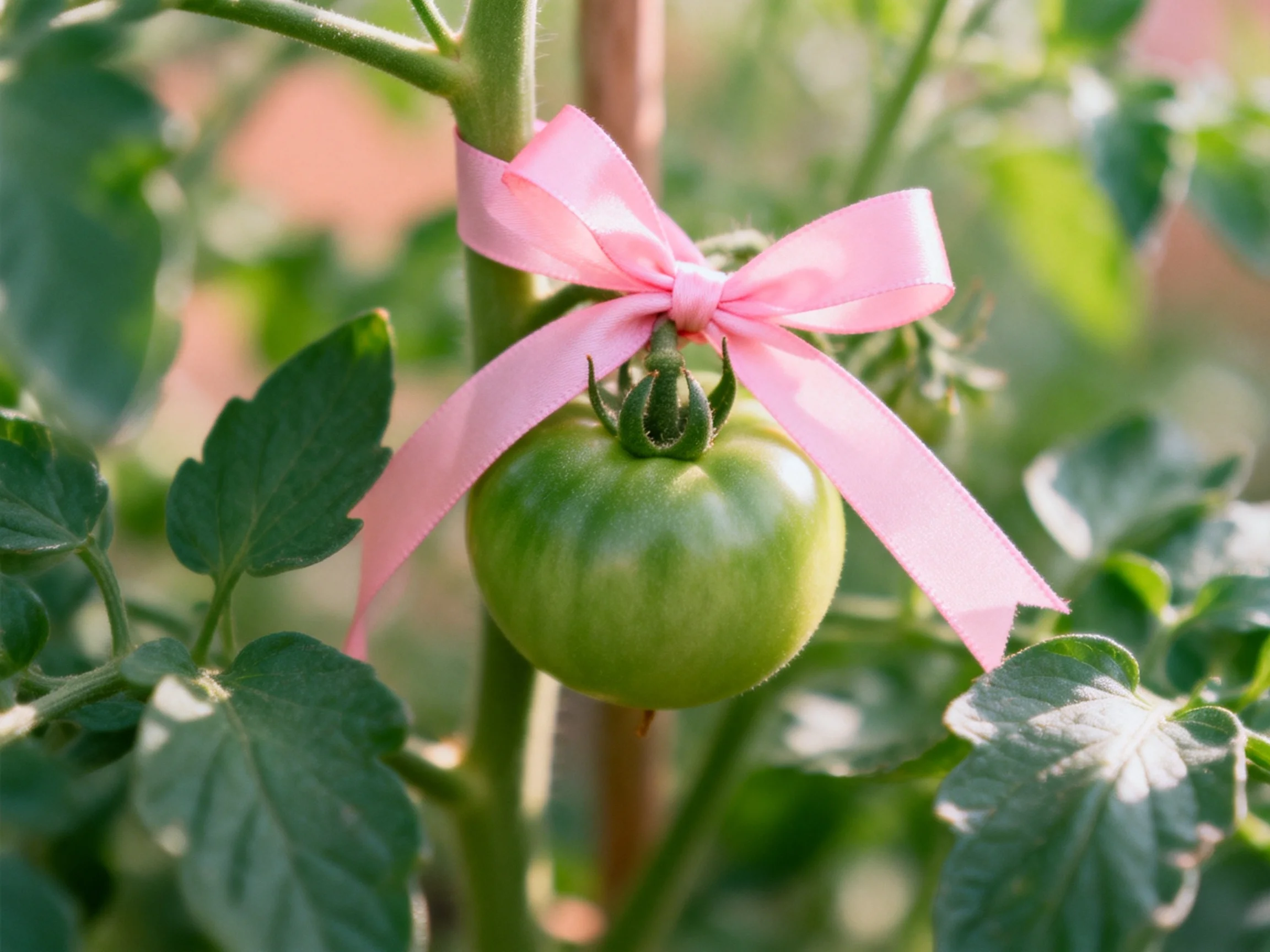 A green tomato tied with a pink ribbon in leafy surroundings