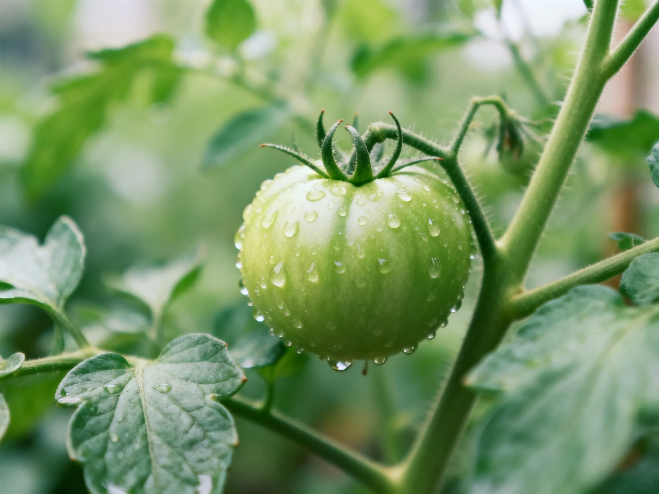 A green tomato with water droplets on leafy vines