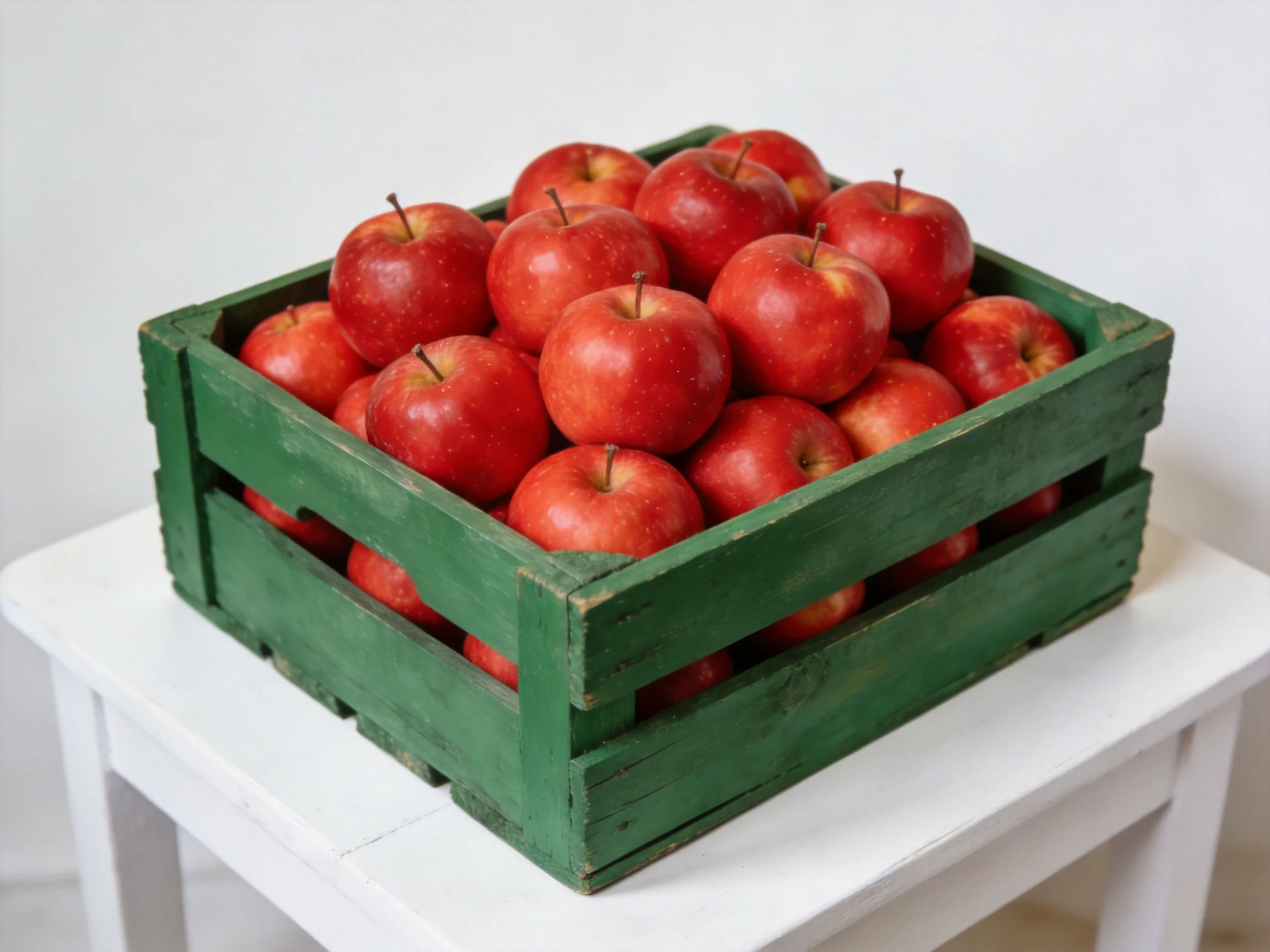 A green wooden crate holds numerous red apples on a white table