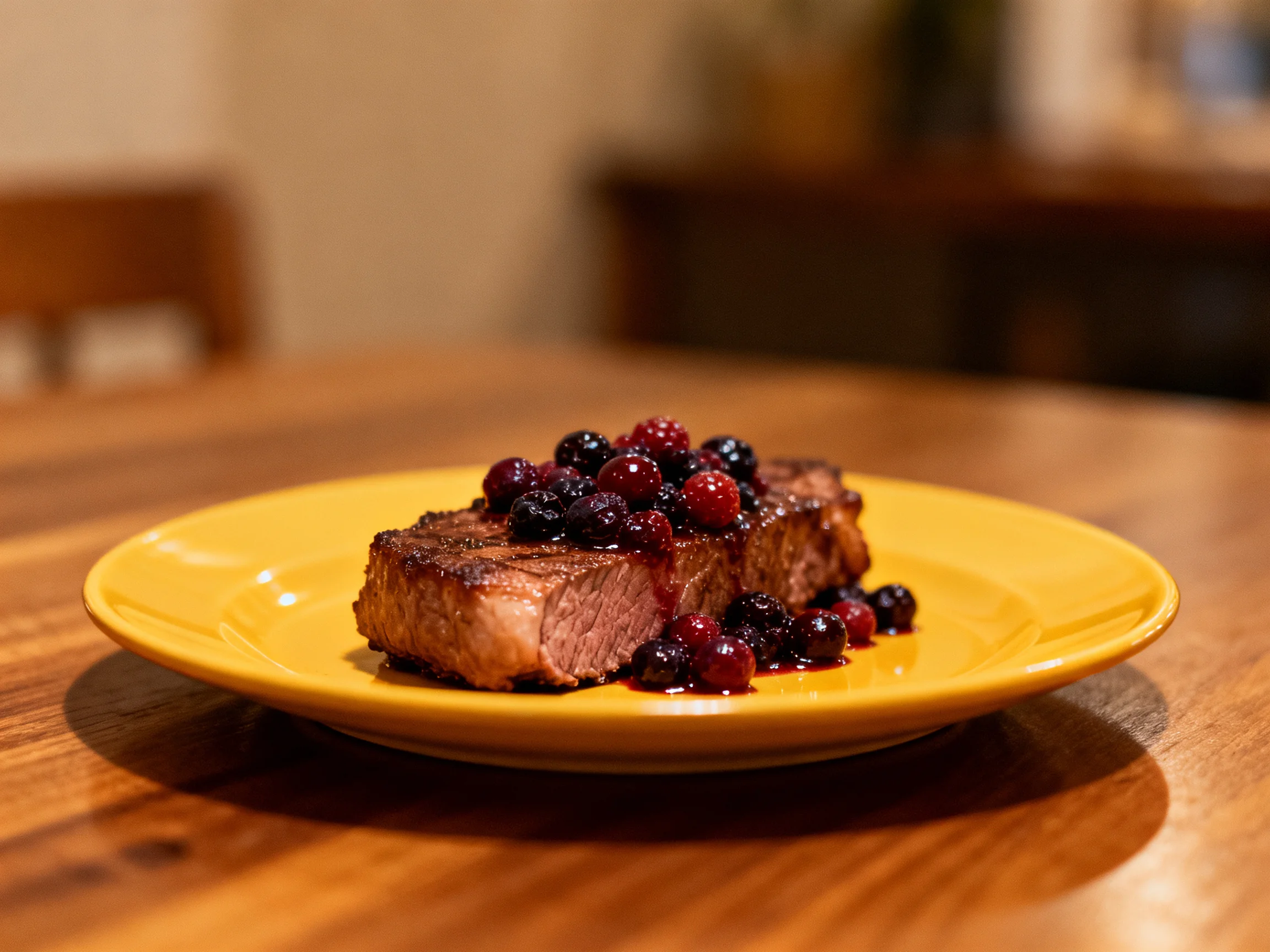 A grilled steak topped with mixed berries on a yellow plate