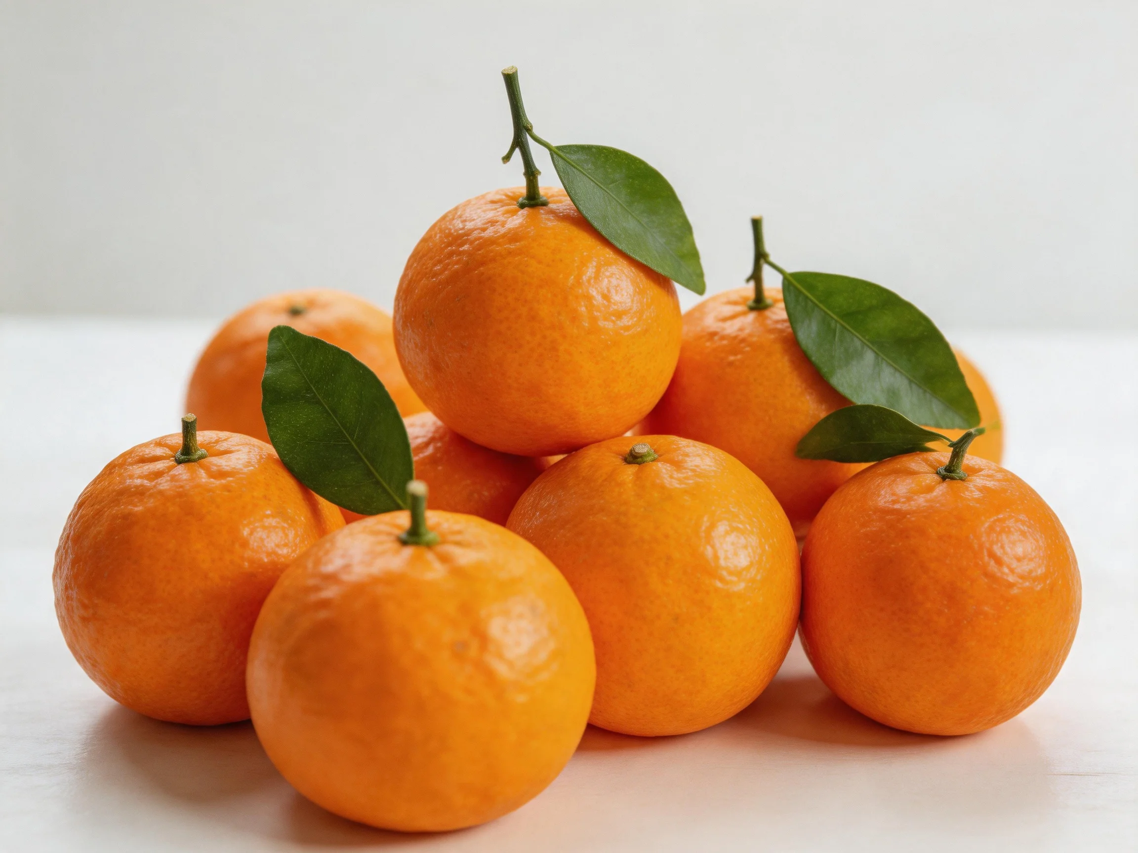 A group of fresh orange citrus fruits with green leaves