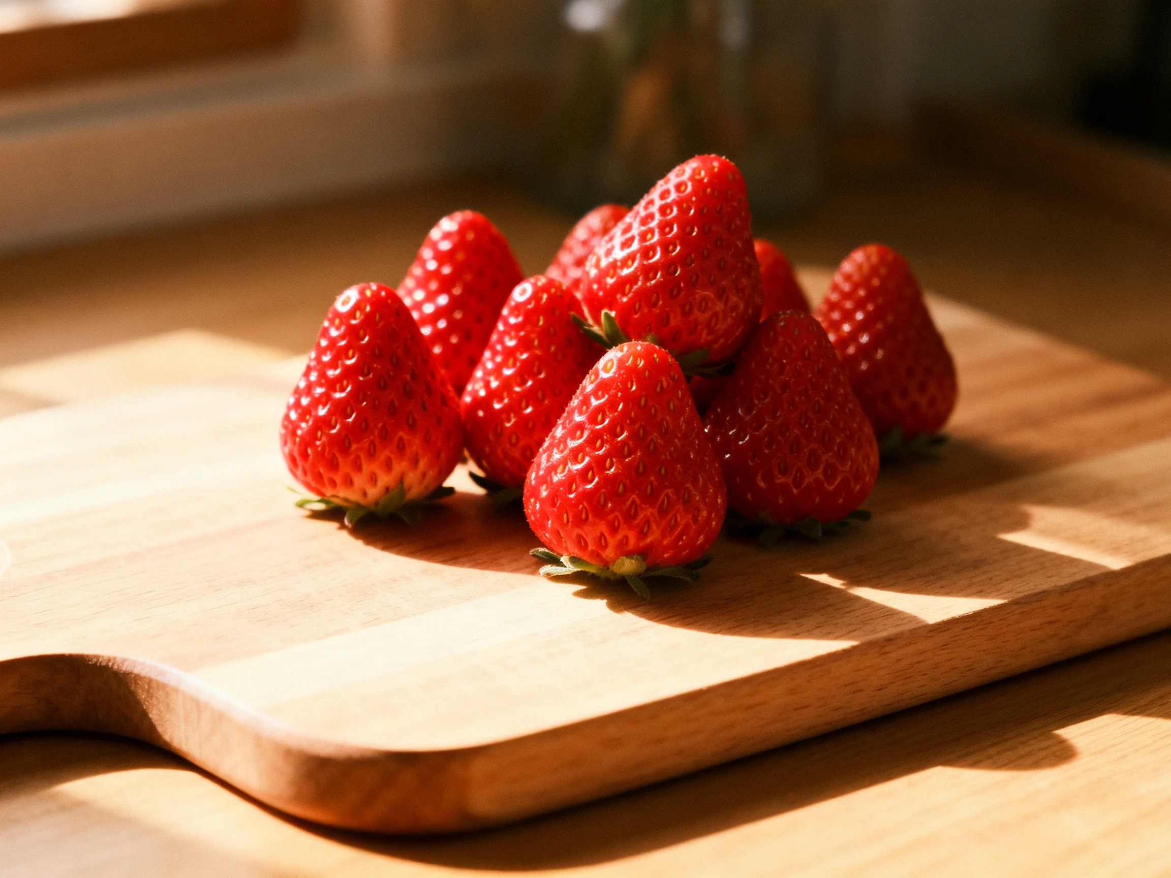 A group of fresh red strawberries on a wooden cutting board