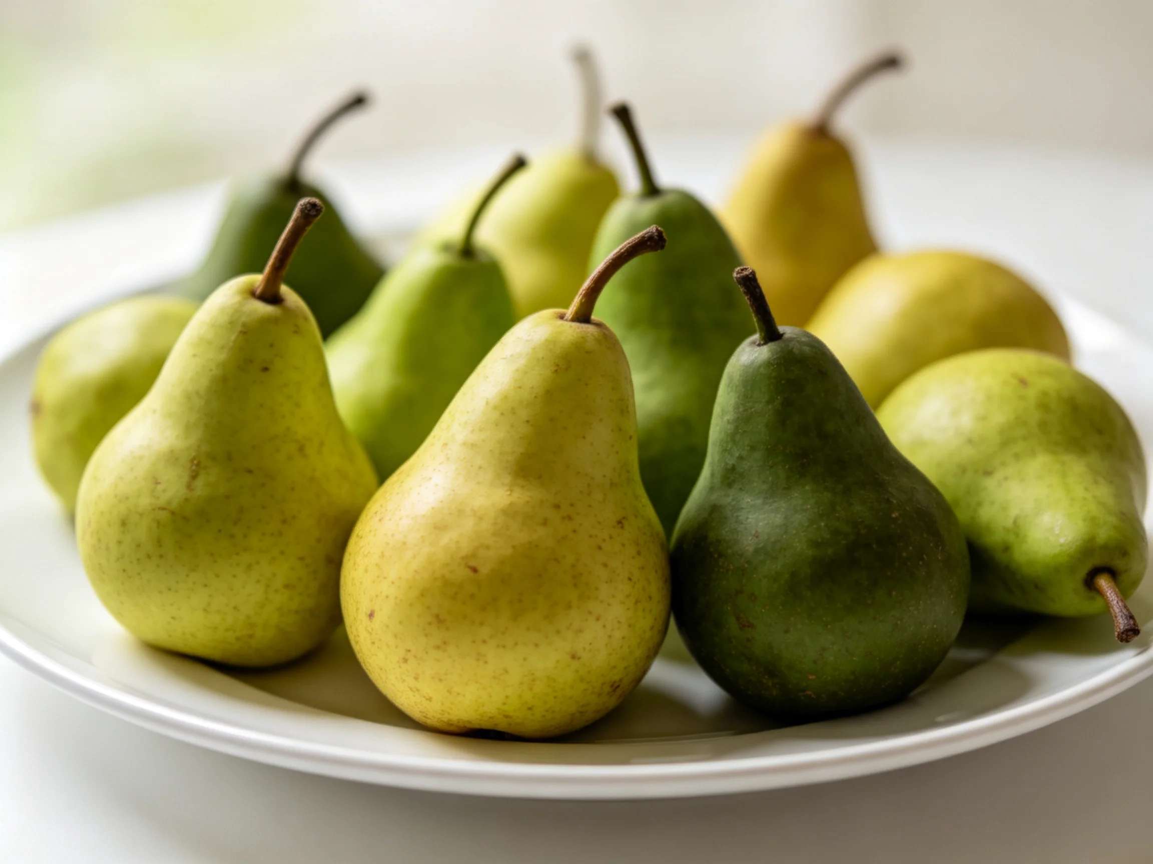 A group of green and golden pears on a white plate