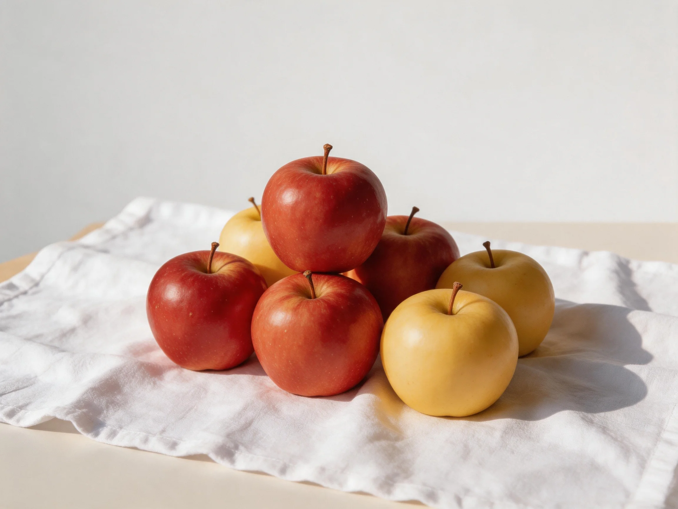 A group of red and golden apples stacked on a white cloth