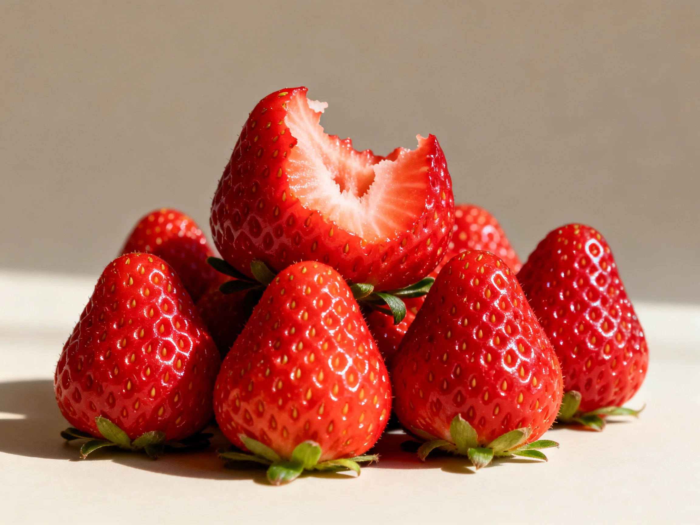 A group of ripe red strawberries, one partially eaten, arranged closely together