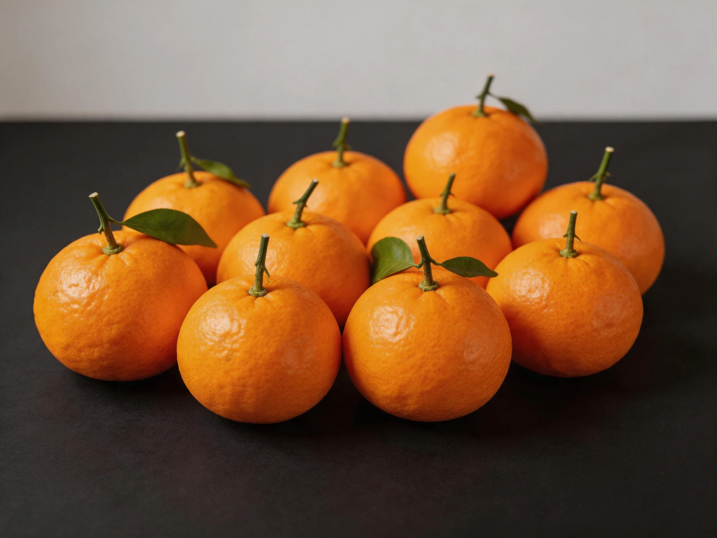 A group of vibrant orange tangerines arranged on a dark surface