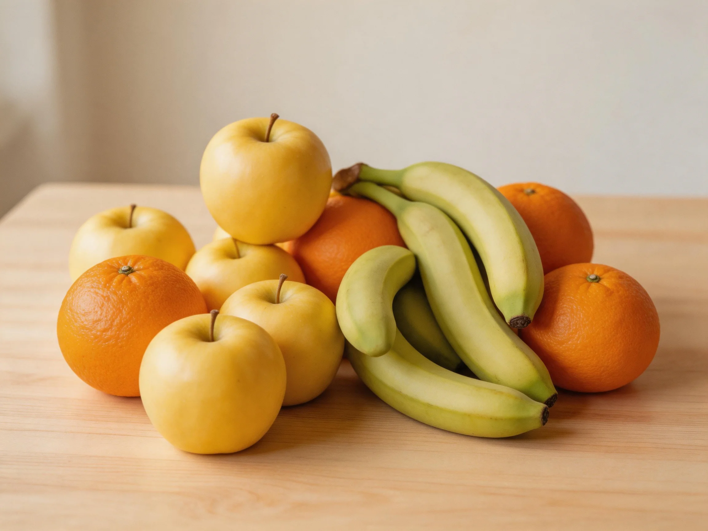 A group of yellow apples, green bananas, and orange oranges on a wooden table.