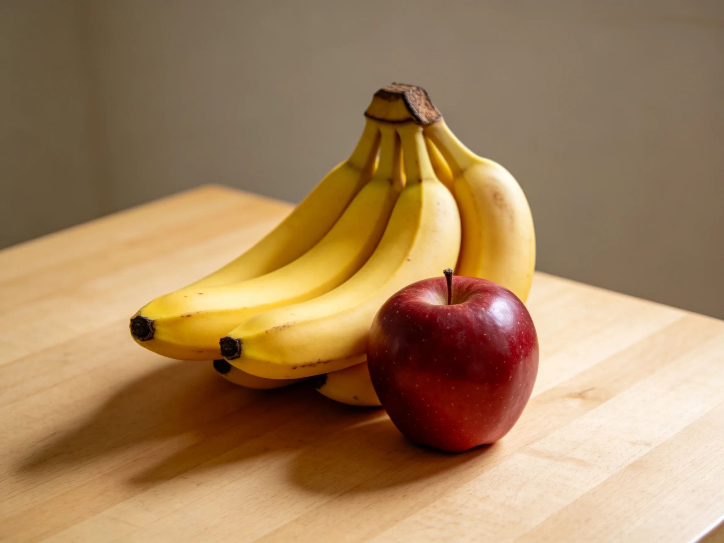 A group of yellow bananas and a red apple rest on a wooden surface