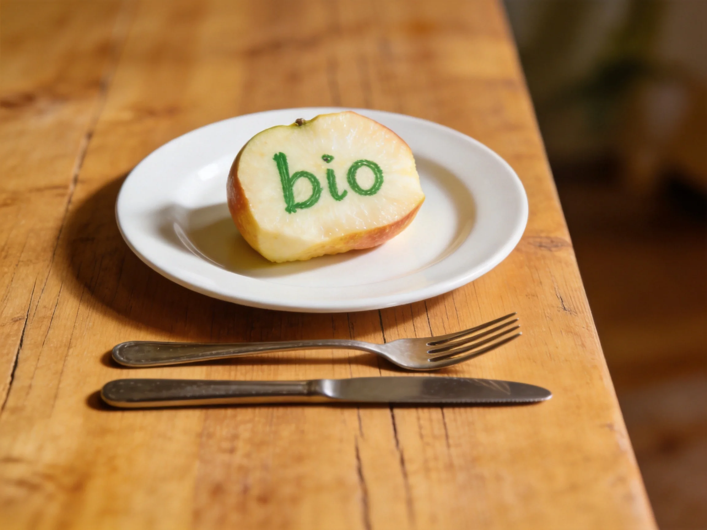 A half apple with bio written sits on a white plate atop a wooden table