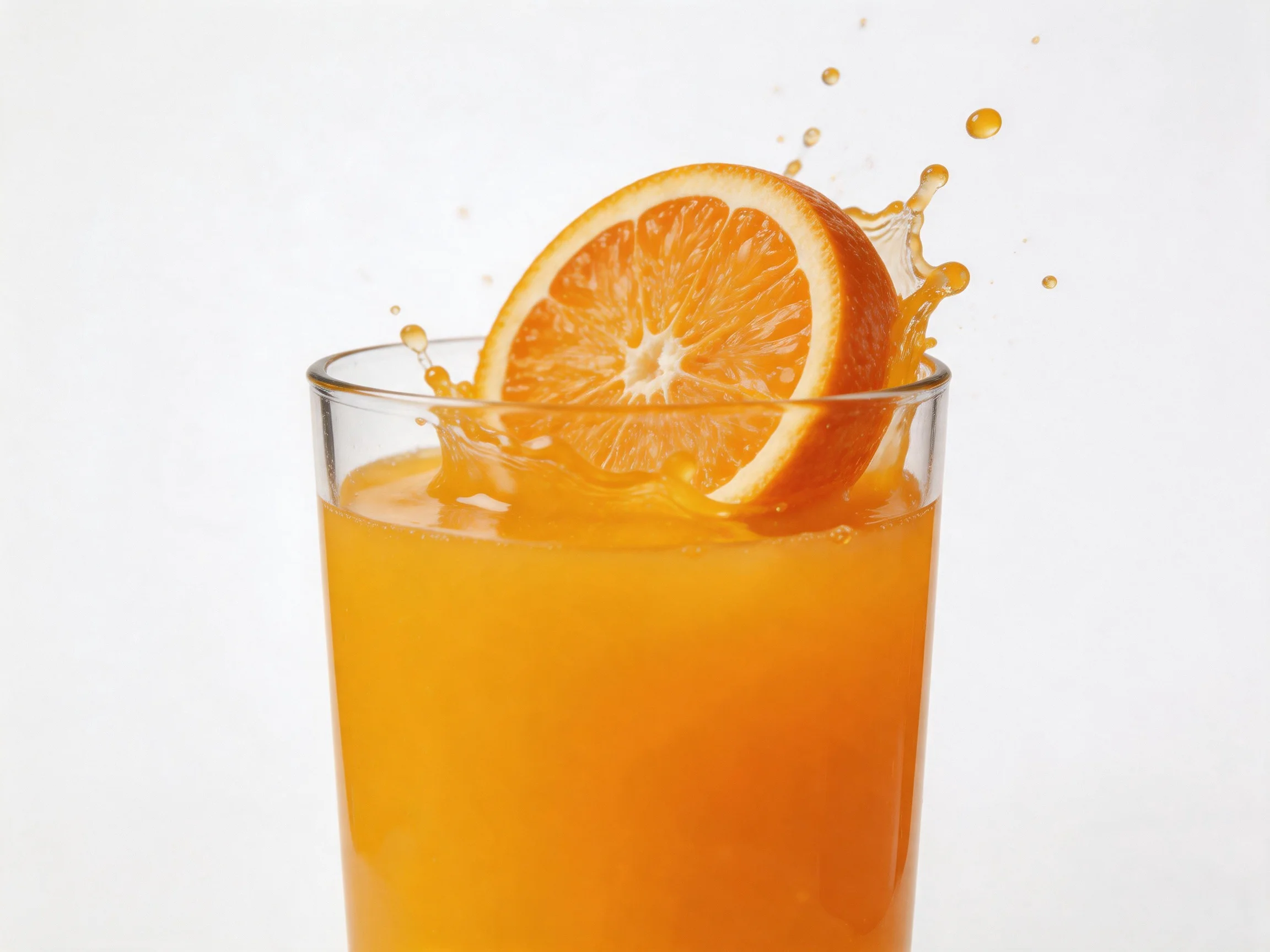 A half-orange slice splashing into a glass of bright orange juice