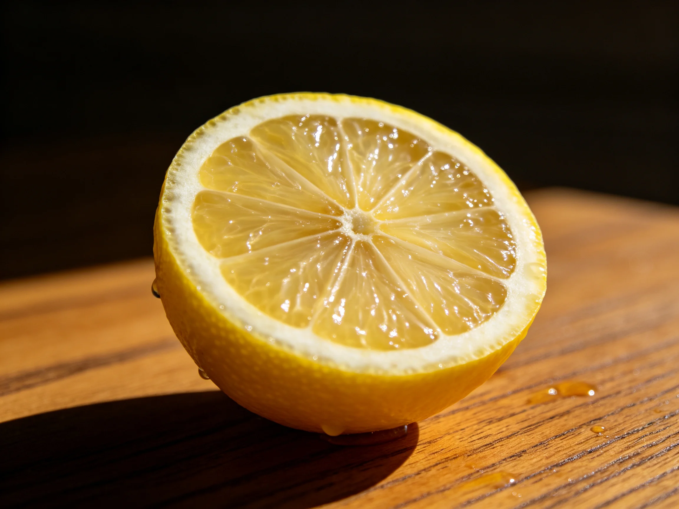 A halved bright yellow lemon on a wooden surface with juice droplets