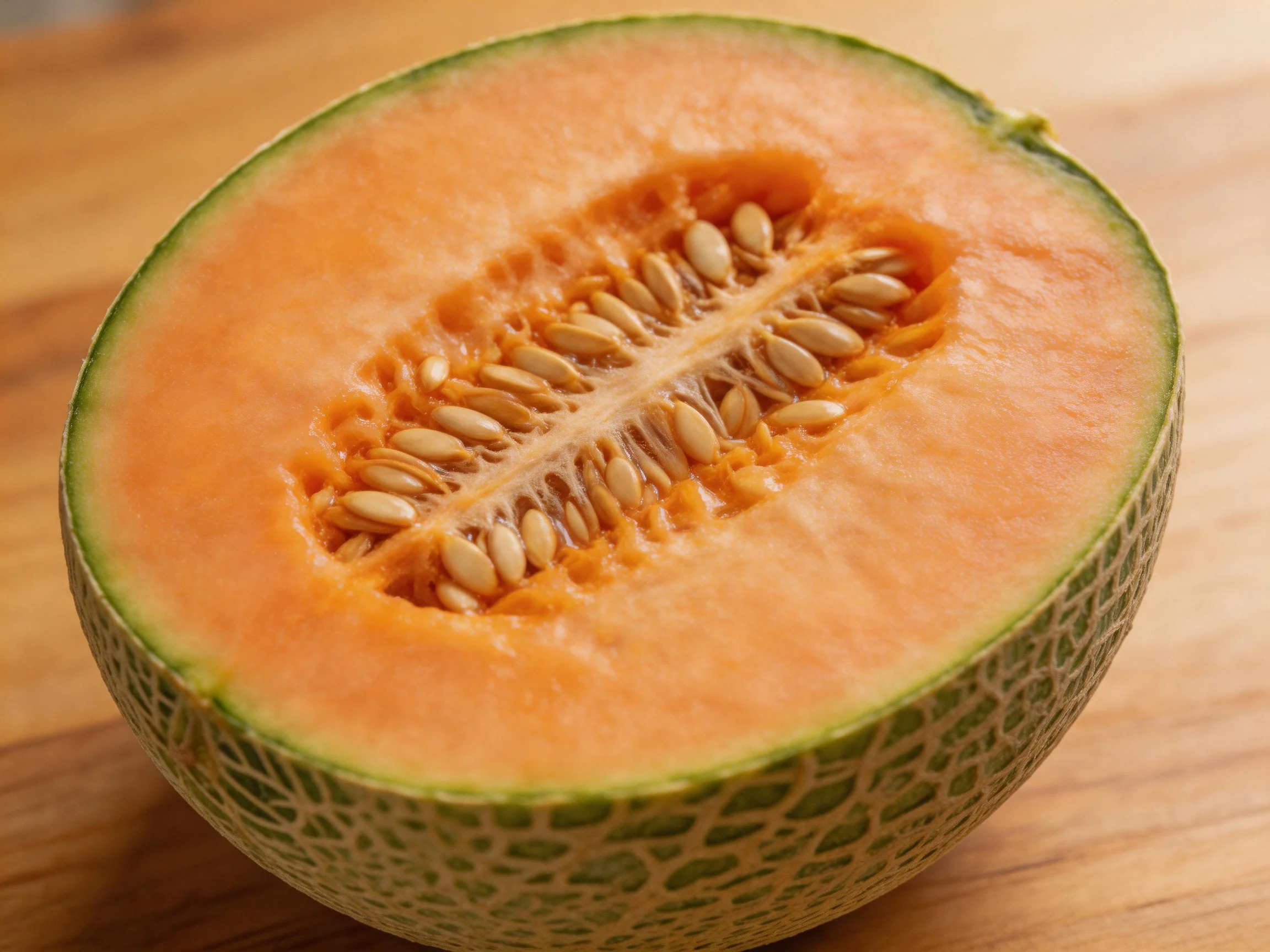 A halved cantaloupe with orange flesh and textured green rind