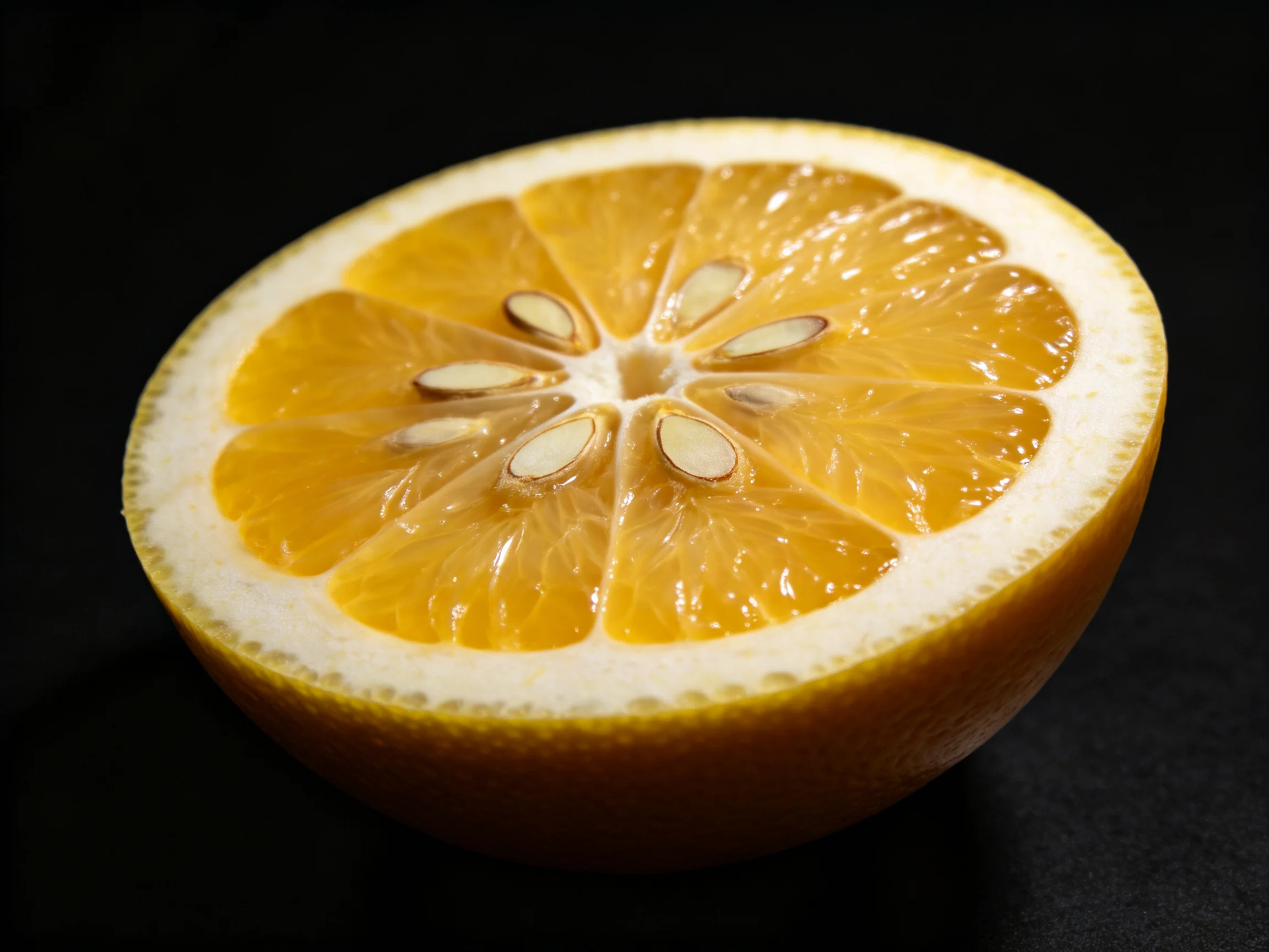 A halved citrus fruit with glossy orange segments and visible seeds