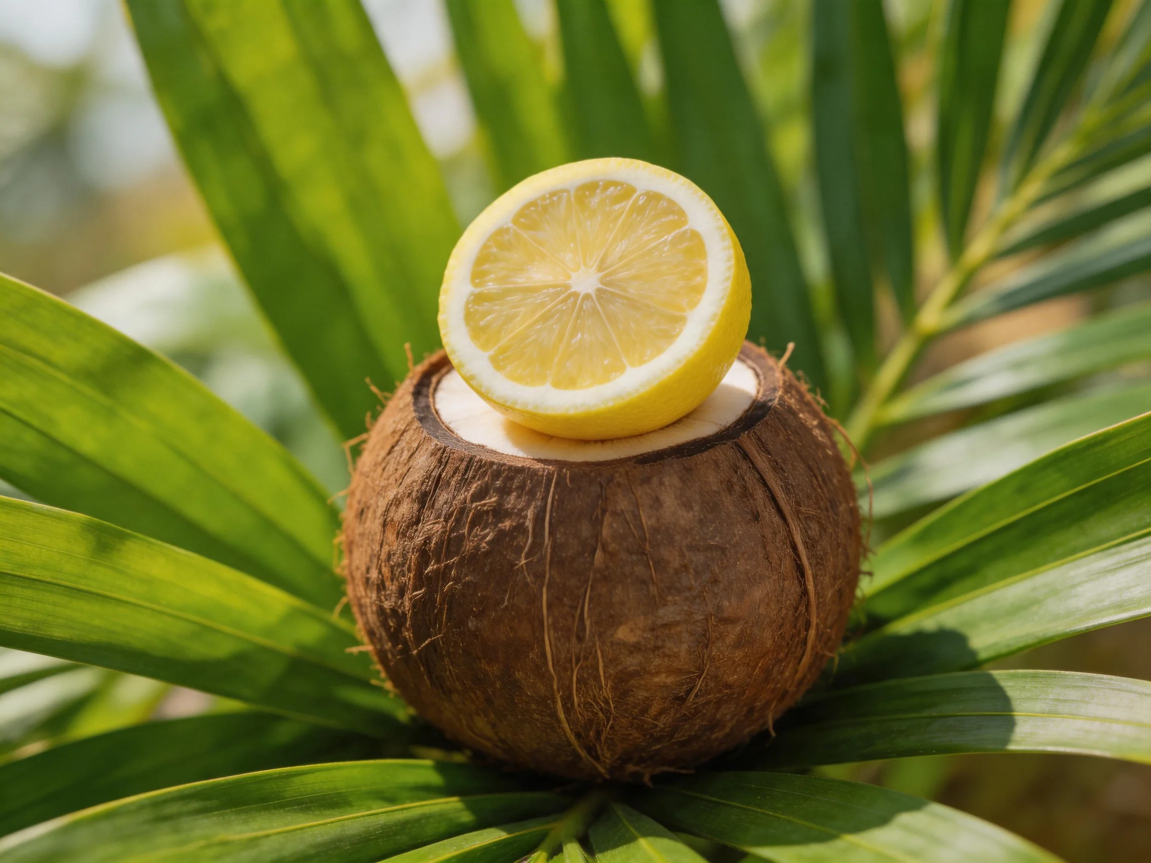 A halved coconut holds a lemon slice atop green palm fronds