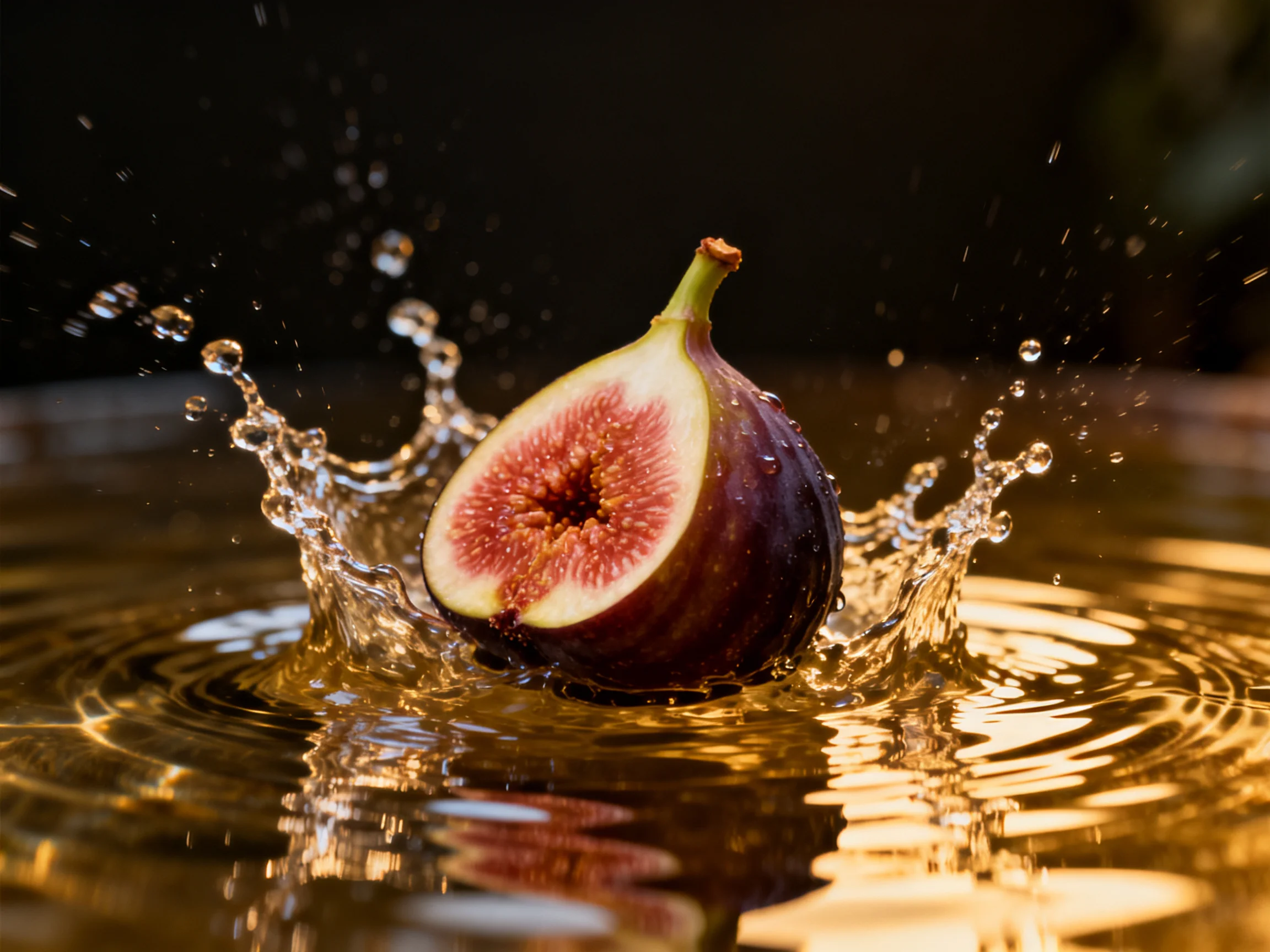 A halved deep-purple fig creates a splash in golden water