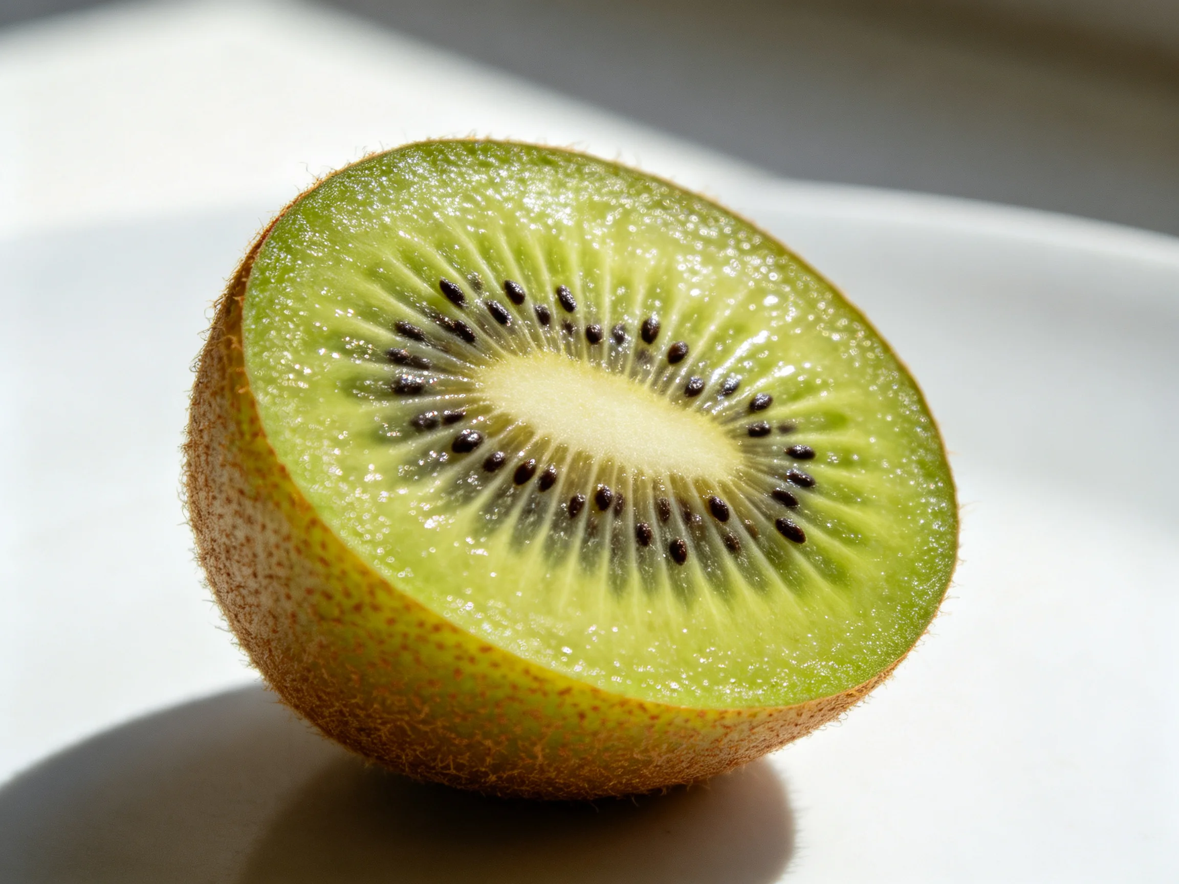 A halved fresh green kiwi with brown fuzzy skin