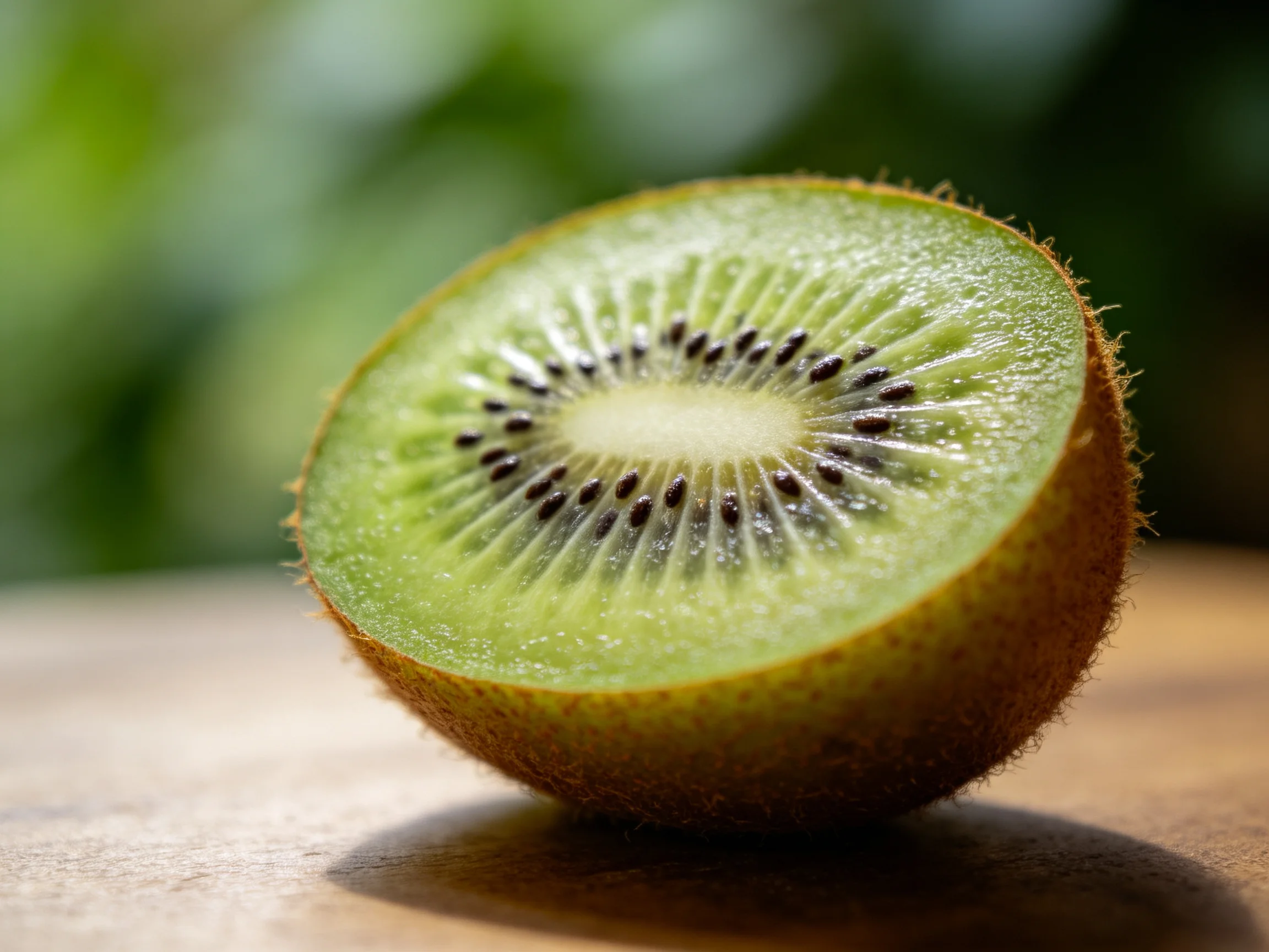 A halved fresh kiwi fruit with fuzzy brown skin