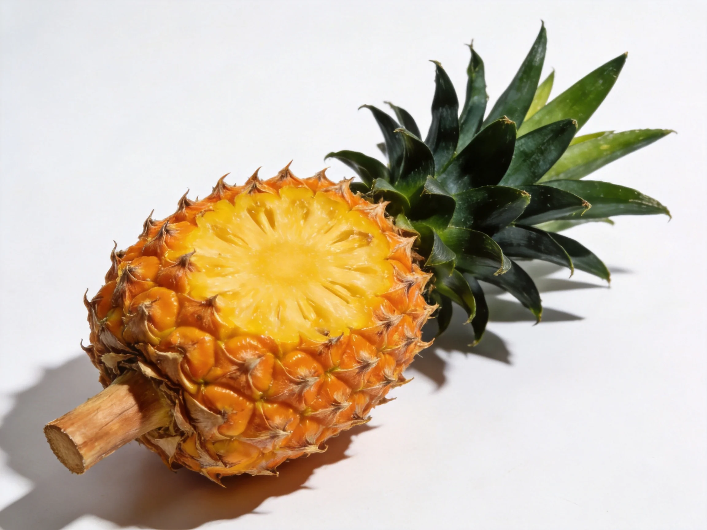 A halved golden-yellow pineapple with spiky orange-brown skin and dark green leaves