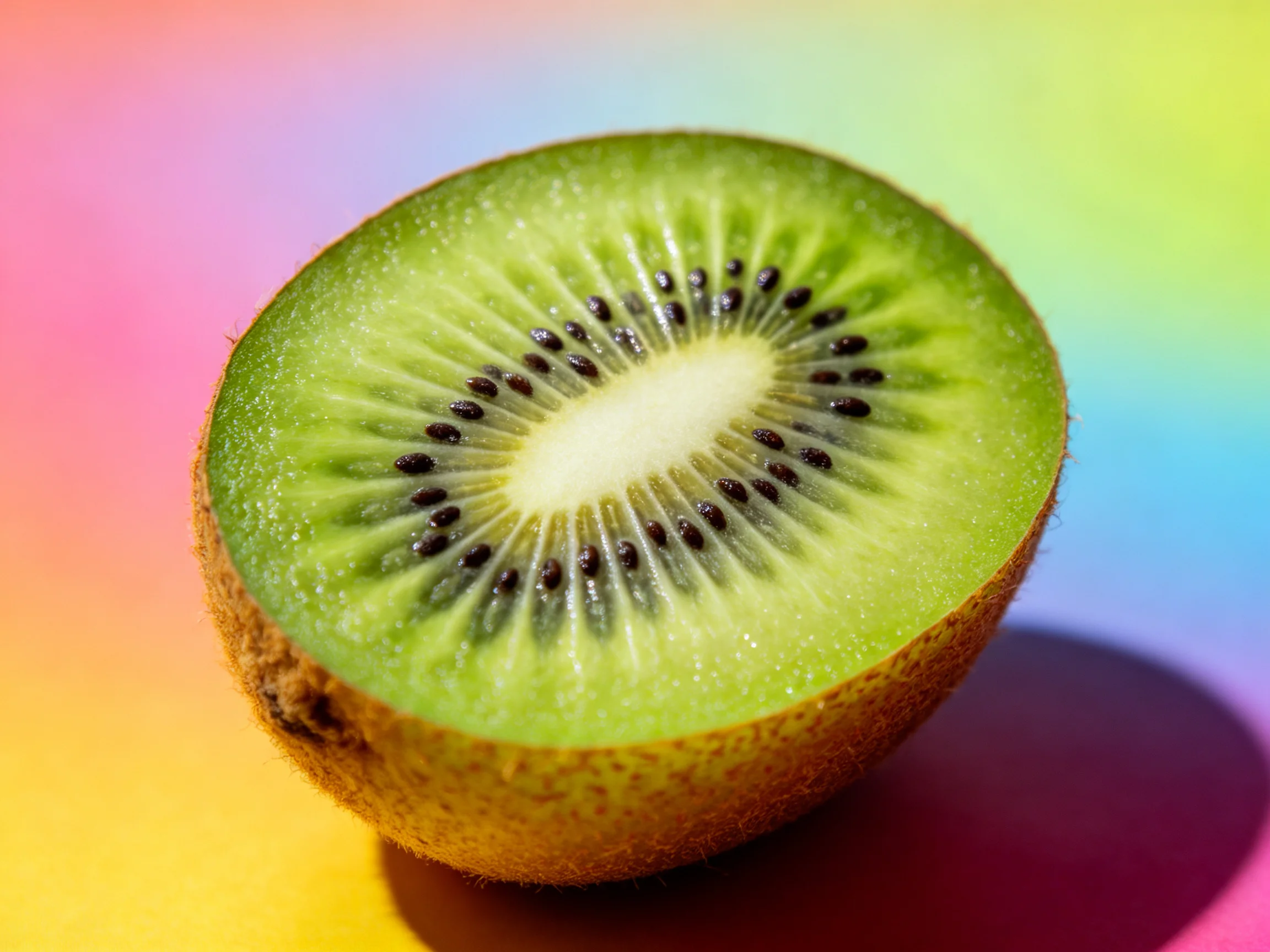 A halved green kiwi fruit against a vibrant rainbow gradient background