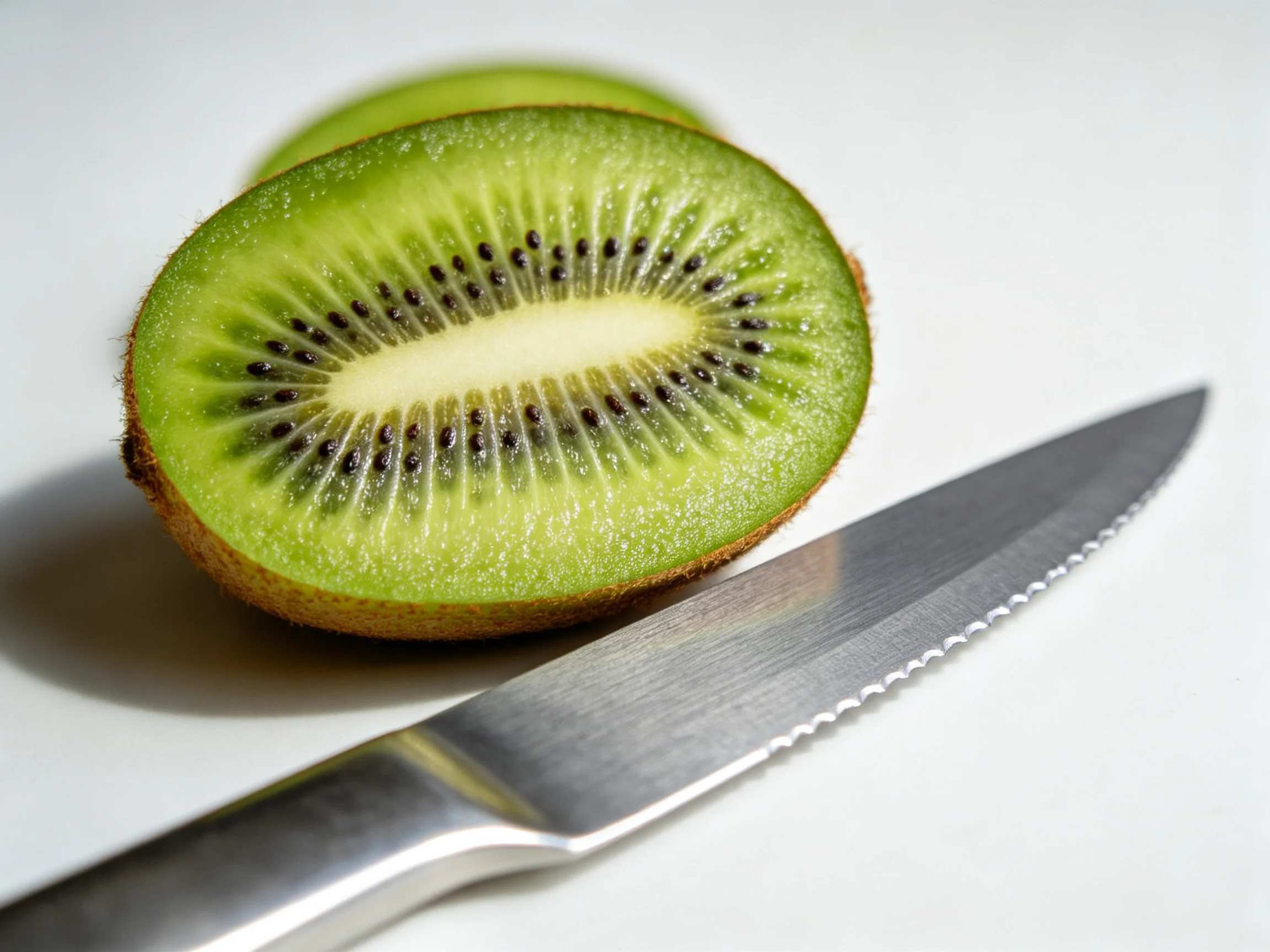 A halved green kiwi fruit beside a serrated kitchen knife