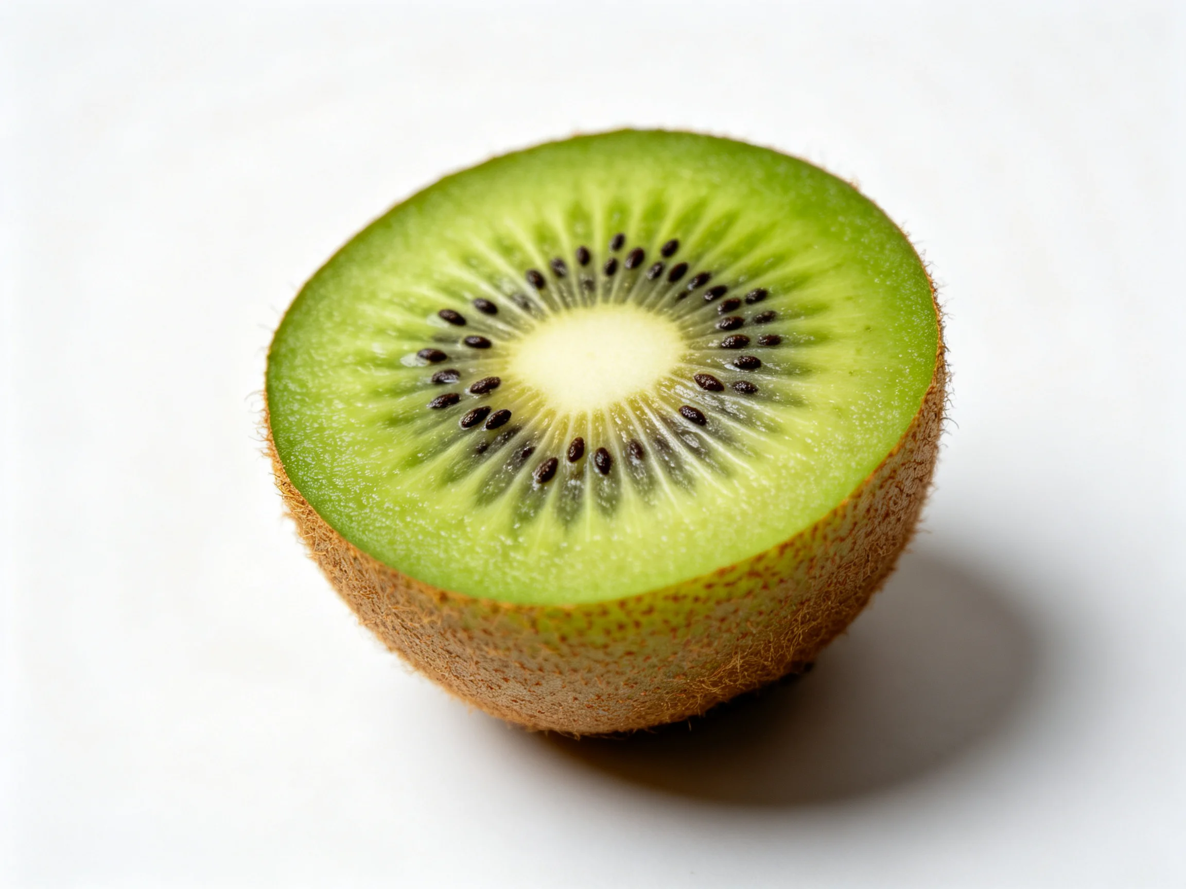 A halved green kiwi fruit with fuzzy brown exterior