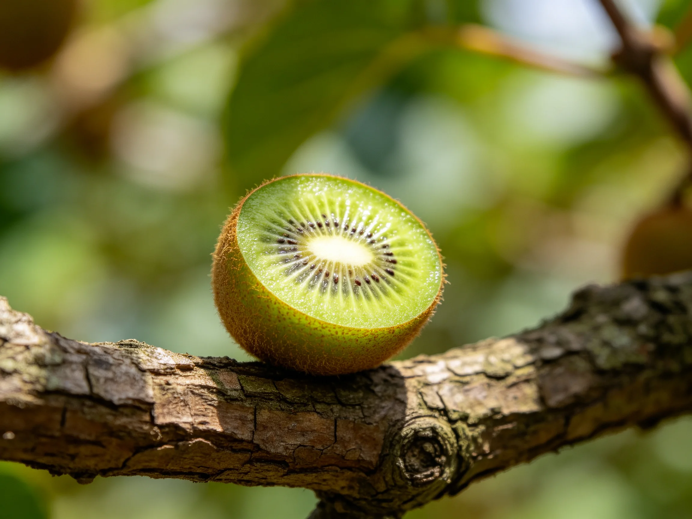 A halved green kiwi rests on a textured tree branch