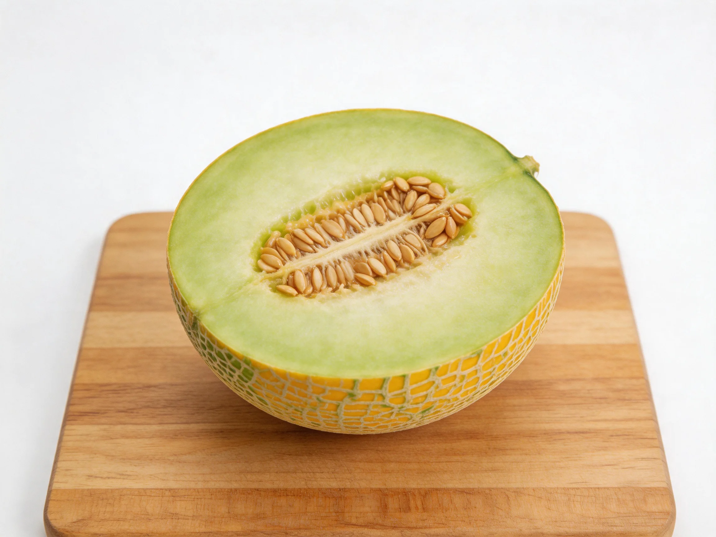A halved green-yellow melon with seeds on a wooden cutting board