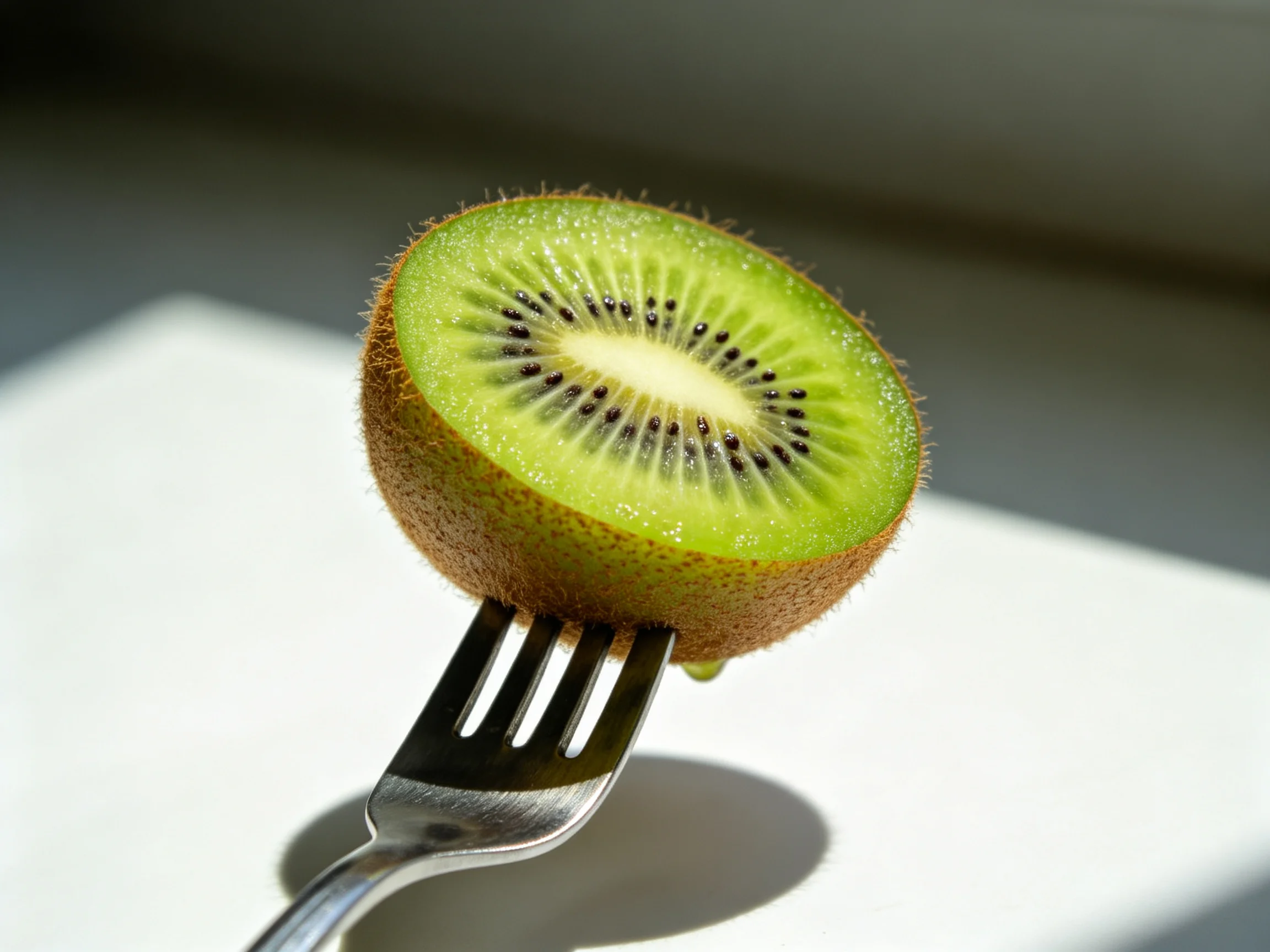 A halved kiwi fruit balanced on a metallic fork under bright lighting