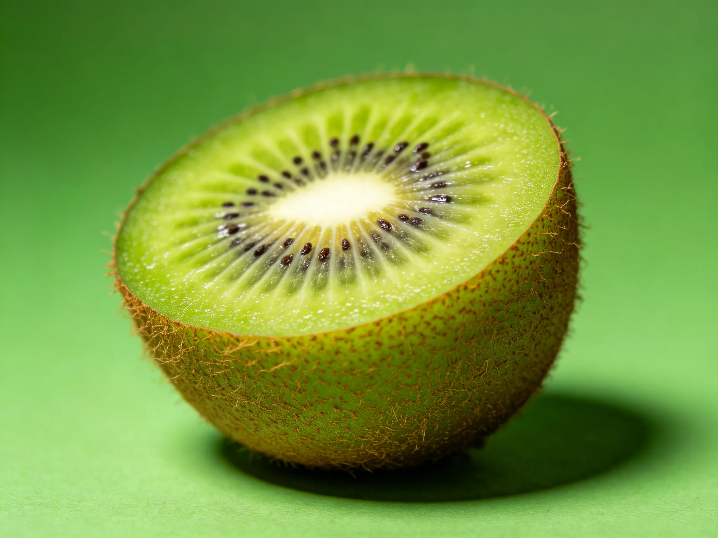 A halved kiwi fruit showcasing vibrant green flesh and fuzzy brown skin