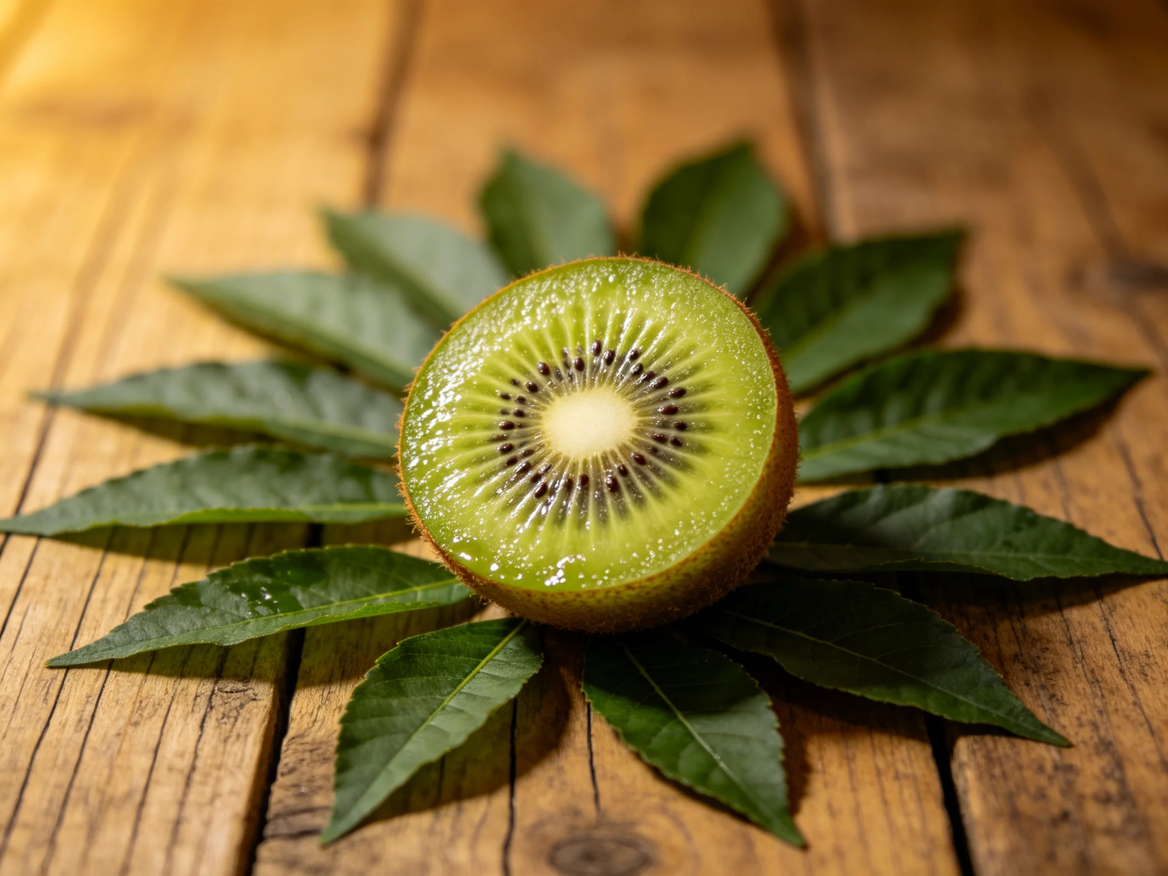 A halved kiwi fruit surrounded by dark green leaves on wooden planks