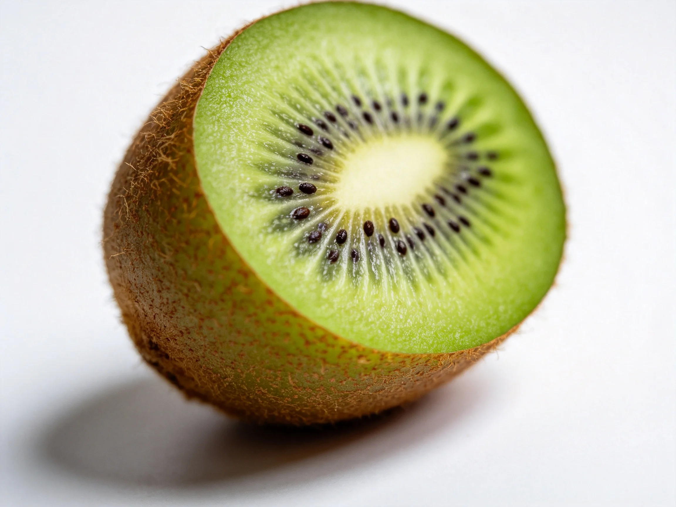 A halved kiwi fruit with brown fuzzy skin and bright green flesh