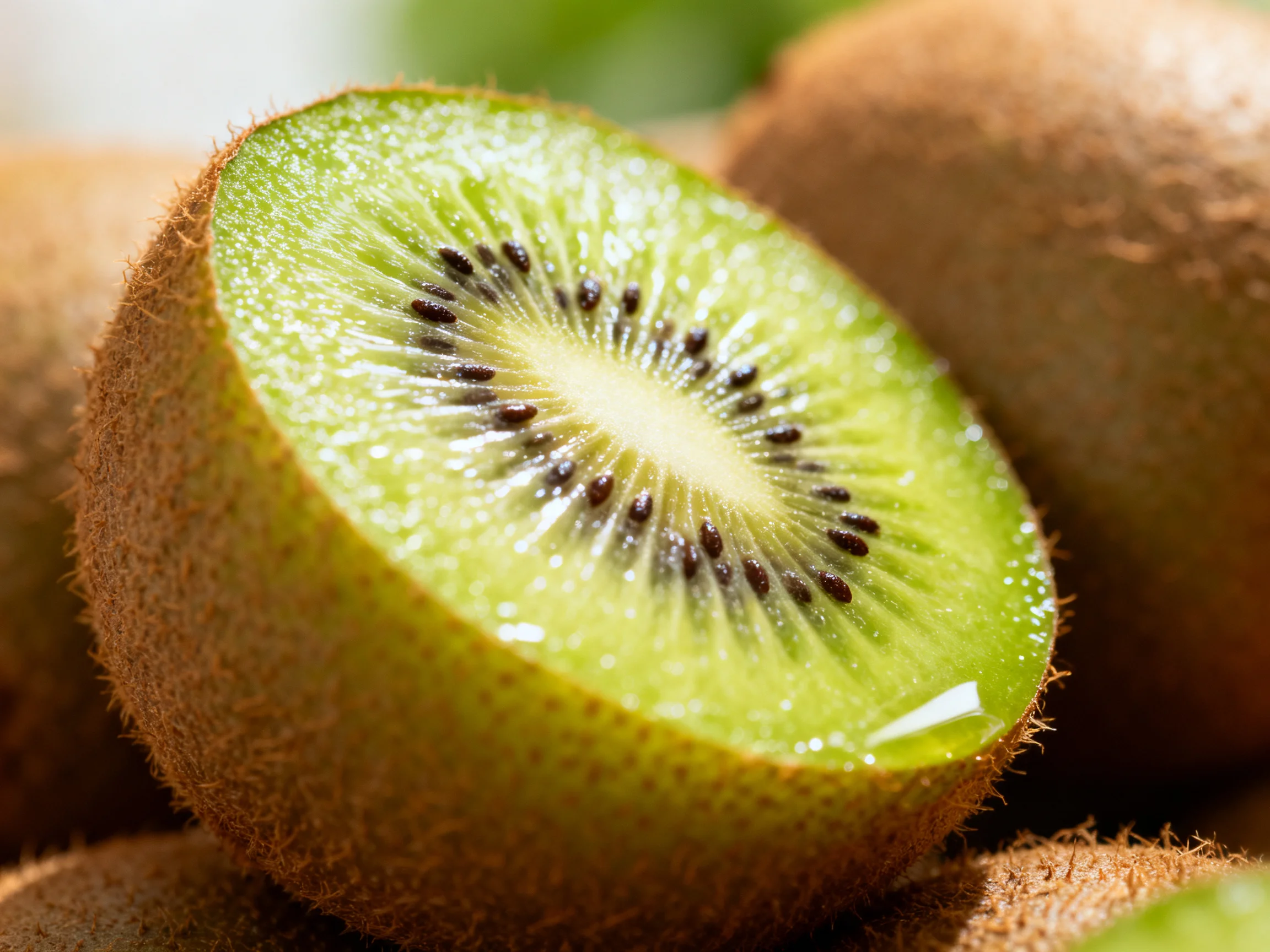 A halved kiwi fruit with vibrant green flesh and brown fuzzy skin