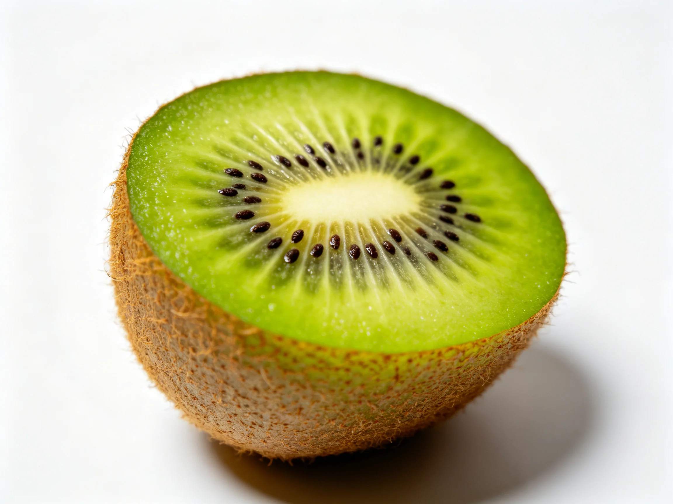 A halved kiwi fruit with vibrant green flesh and brown fuzzy skin