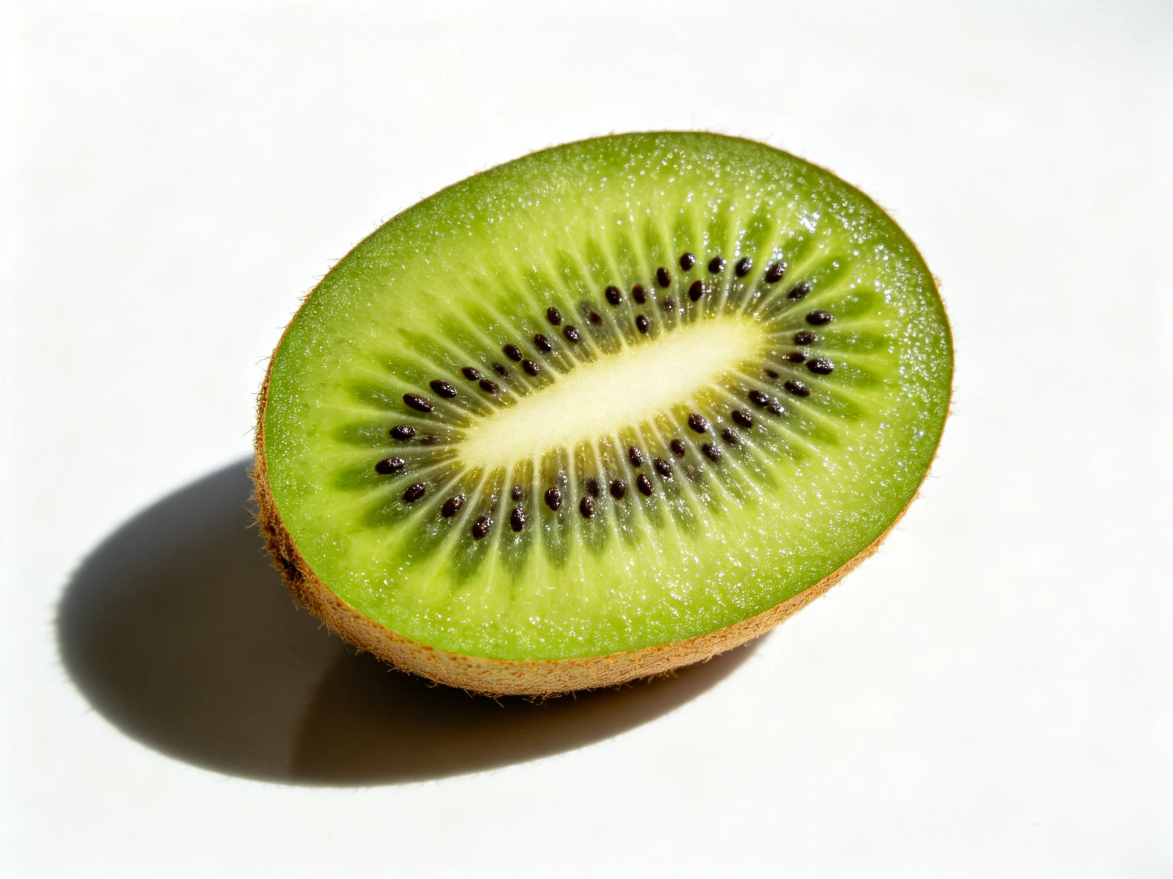 A halved kiwi fruit with vibrant green flesh and dark seeds
