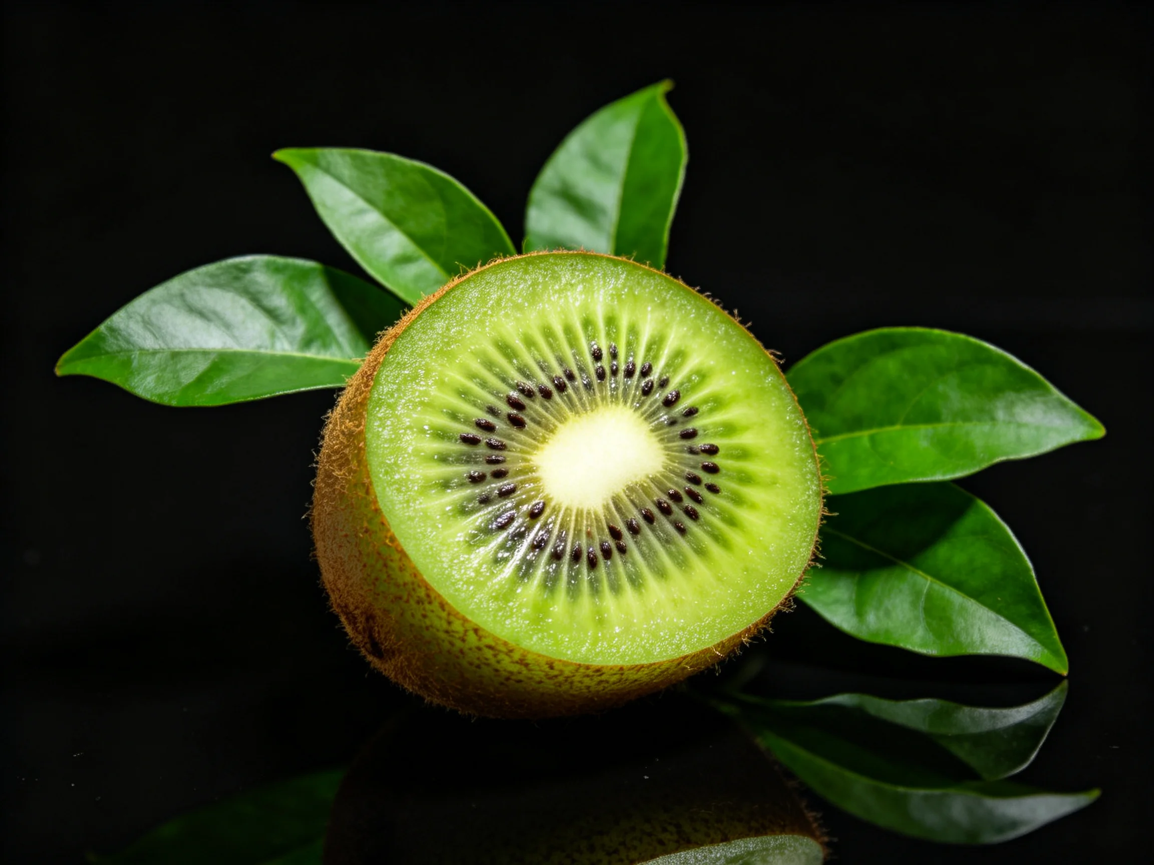 A halved kiwi fruit with vibrant green flesh and glossy leaves against a black backdrop