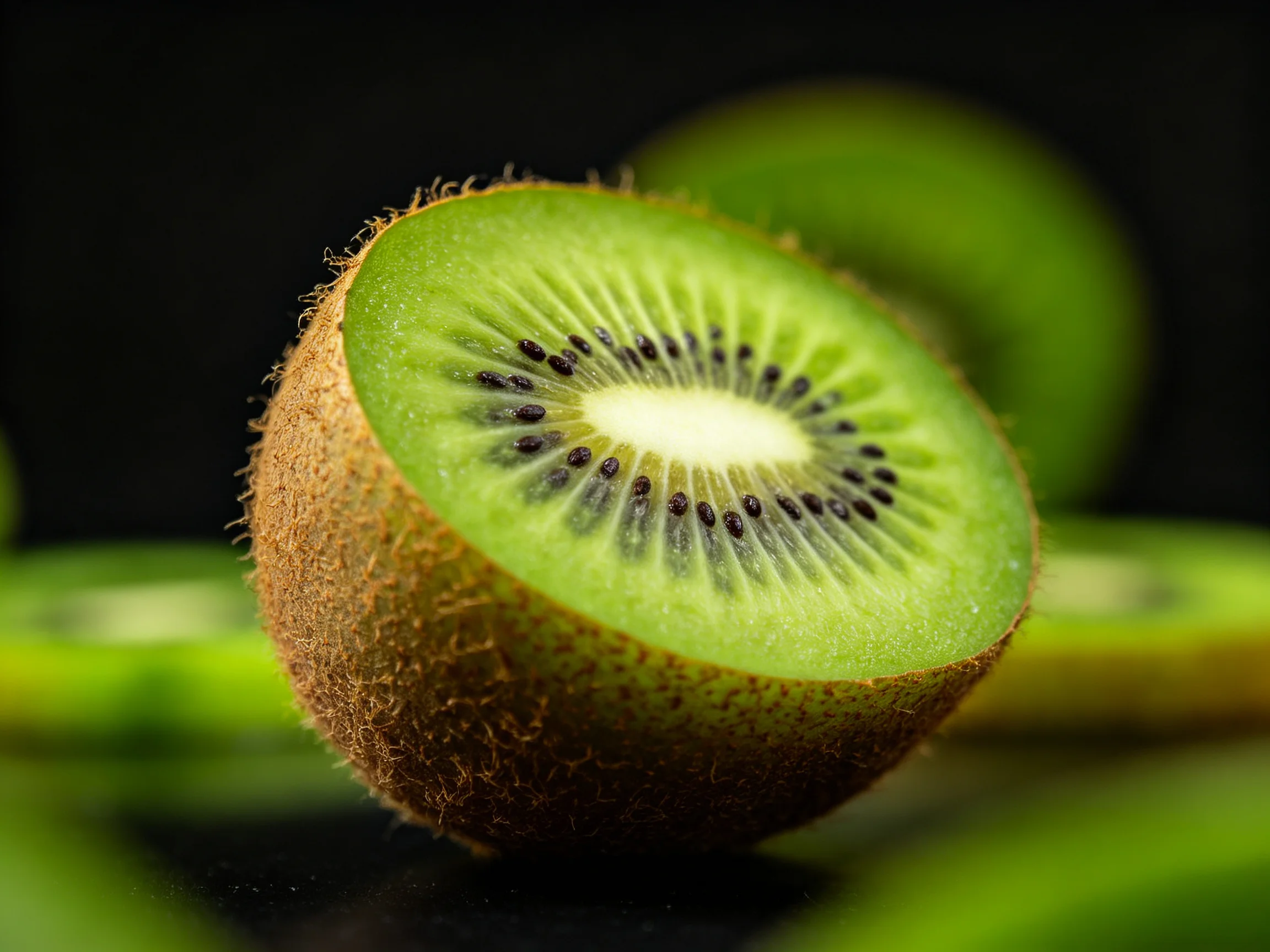 A halved kiwi fruit with vibrant green flesh and textured brown skin