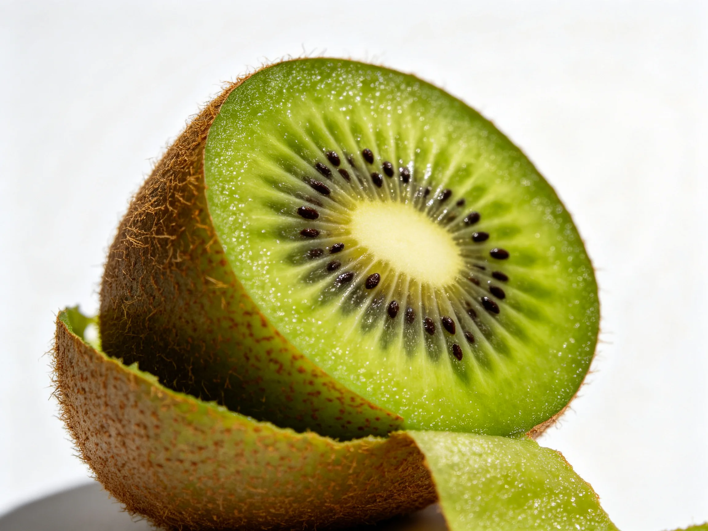 A halved kiwi fruit with vibrant green flesh and textured brown skin