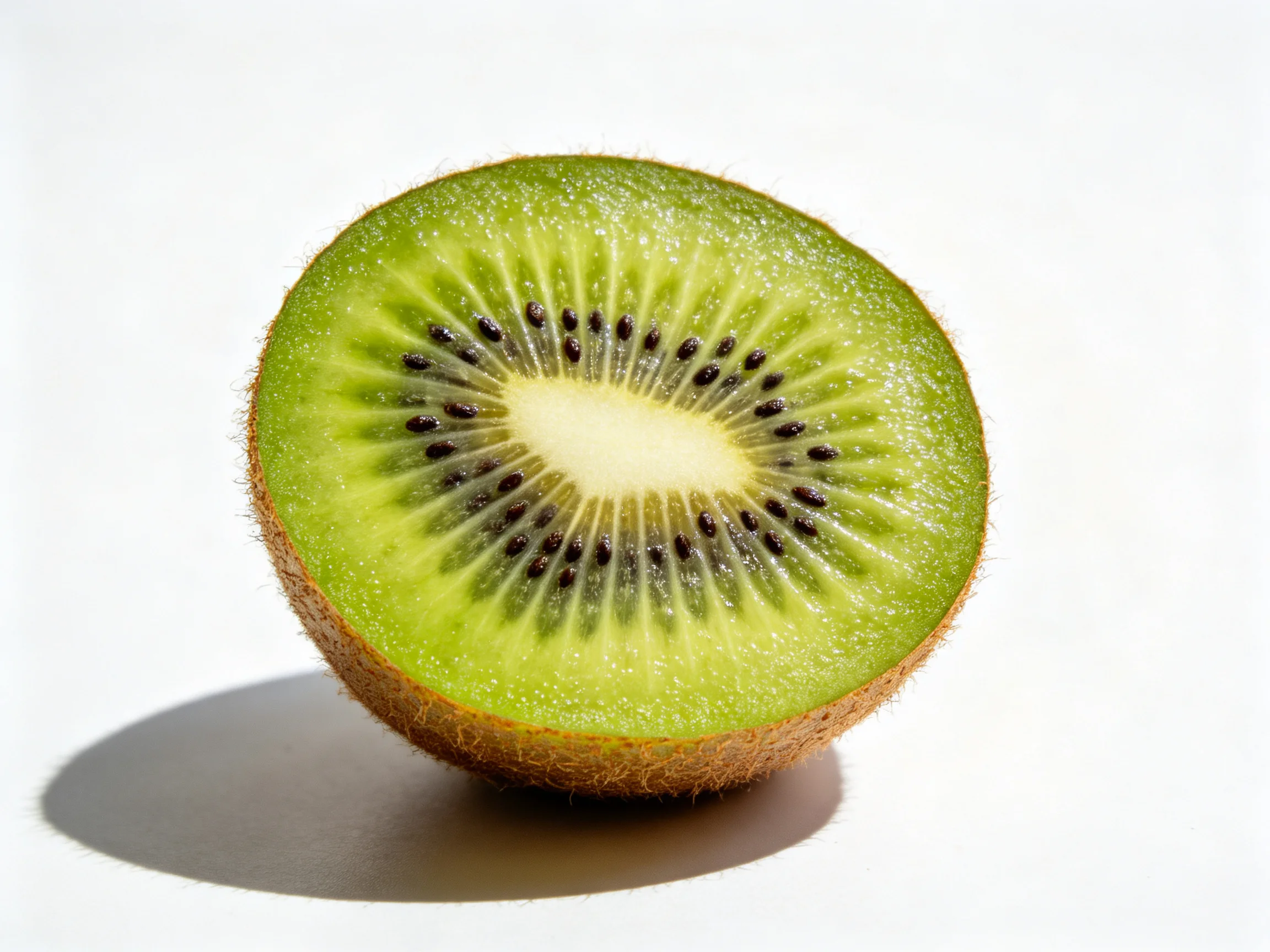 A halved kiwi fruit with vibrant green flesh andbrown fuzzy exterior