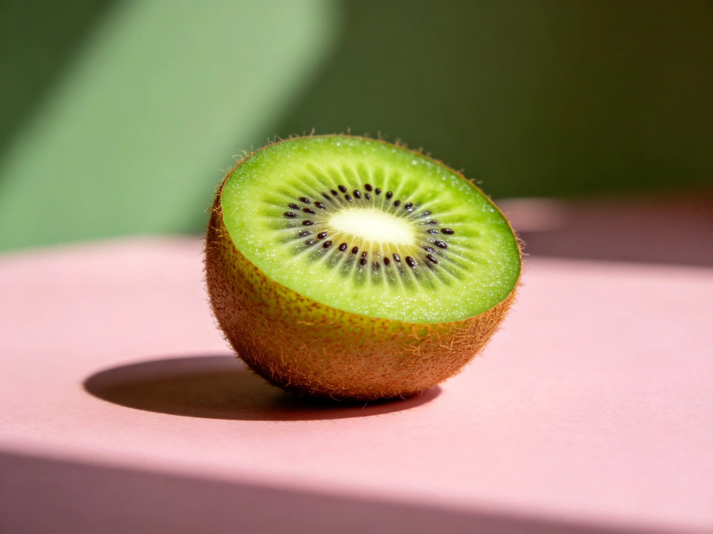 A halved kiwi fruit with vibrant green flesh on a pink surface